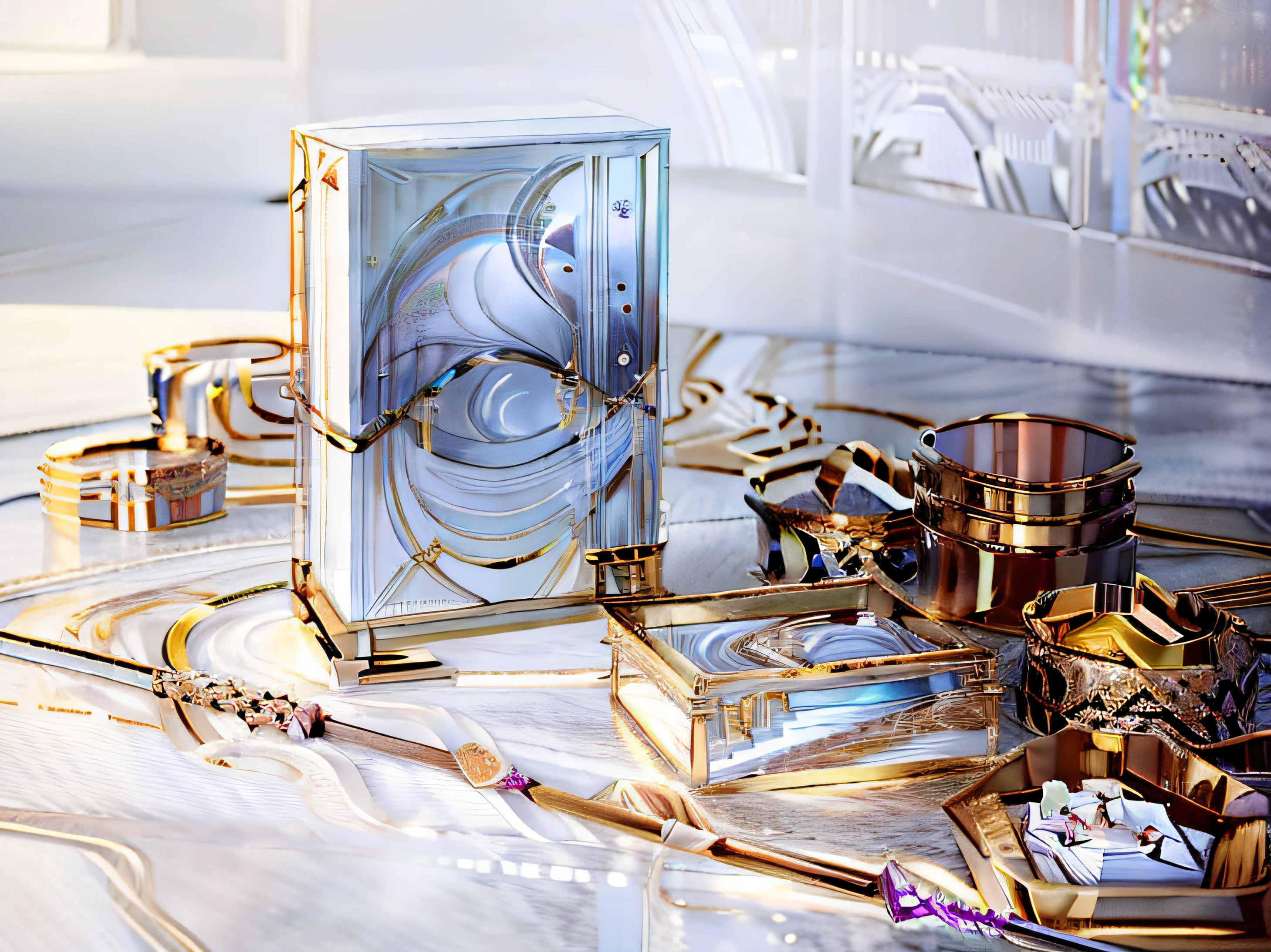 （Fine，Need，Need，Official art，Beautiful and aesthetically pleasing：1.2），（8k，Need，Fine：1.2）A slender female holds a white gold-rimmed gift box，Ribbon winding，aestheticly pleasing，at centre，glittery，high end，very fashion