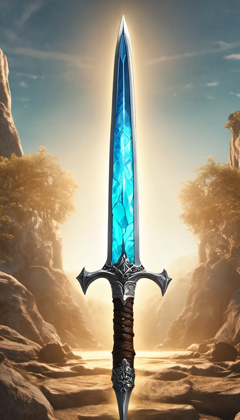Excalibur, Delicate mango, The sword body is exquisite,well decorated,(((The body of the sword is designed with a blue opal and a light green particle effect shaped pattern..:1.3))), Should, (The sword body is symmetrically decorated:1.3), (The entire Excalibur blade is centered:1.3), Close-up at medium range,(General silhouette:1.3),(Fantastic landscape painting:1.2), Ultra Realistic Photo, super-fine, 8K, Premium wallpapers, the highest picture quality, ..。.。.3D,C4D, tmasterpiece, rendering by octane