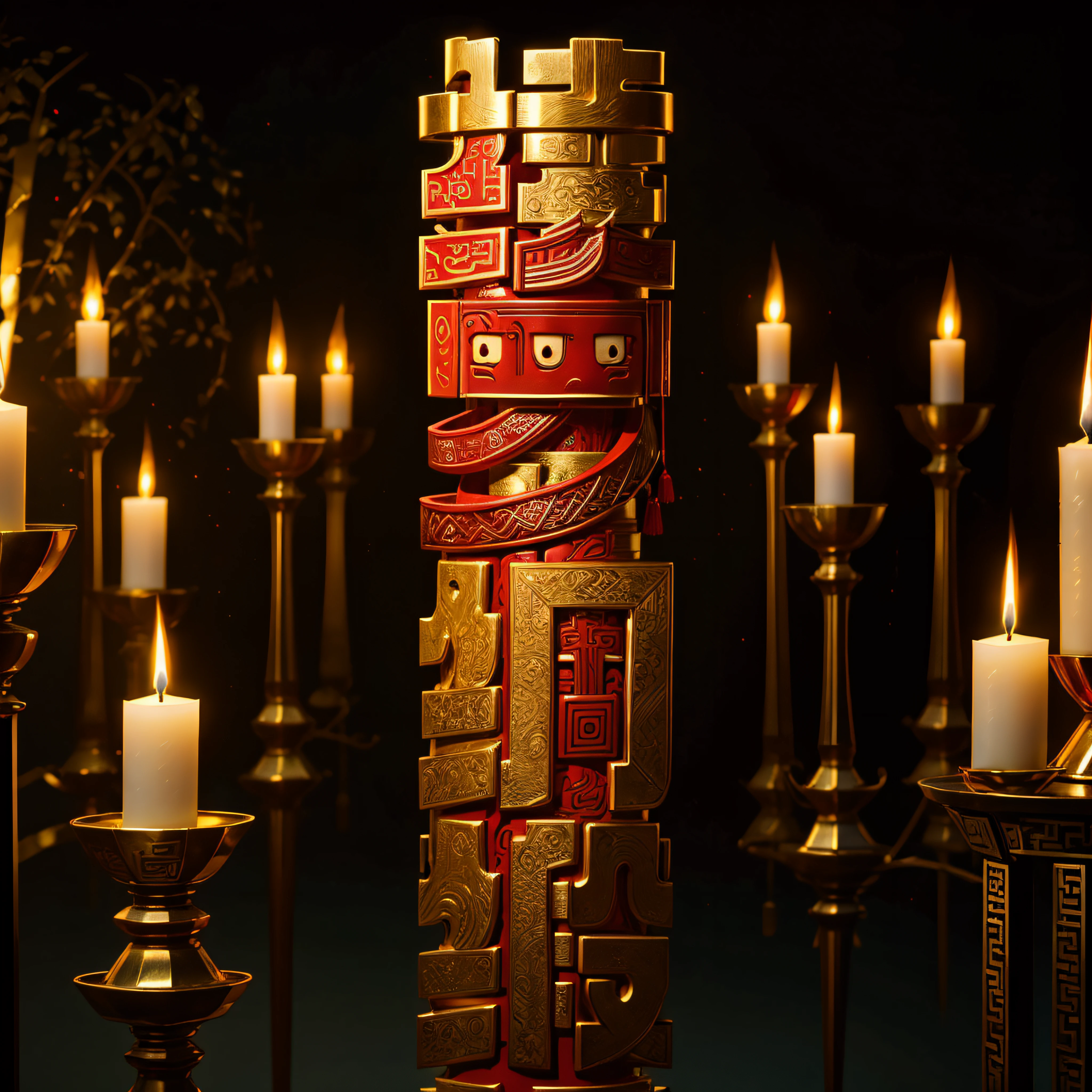 Gold inlay pattern，Red silk，totem，waxy candles，Wedding items，Chinese architectural motifs，Pattern ，tmasterpiece，pines，Best quality，ultra - detailed。