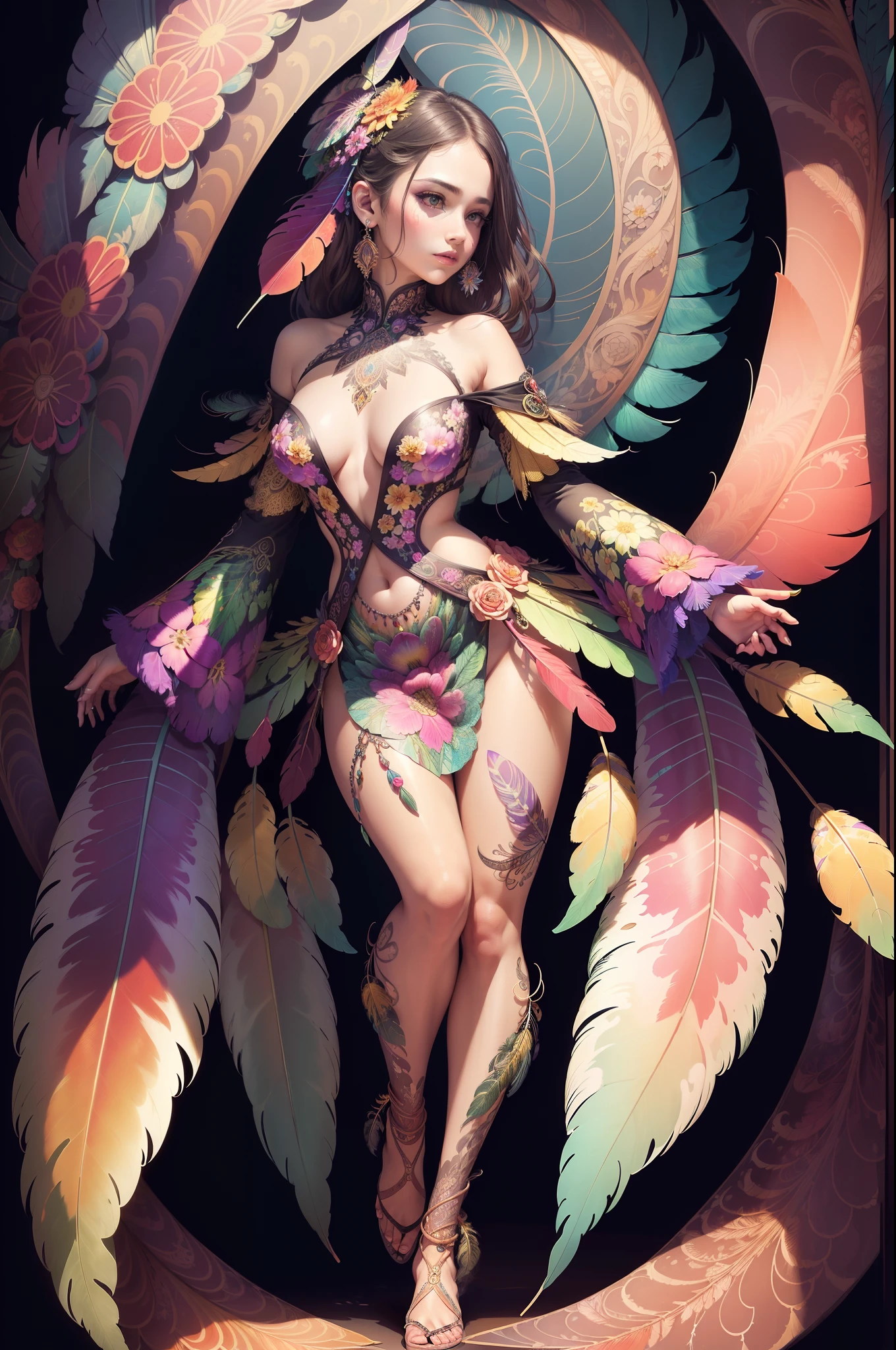(masterpiece, top quality, best quality, official art, beautiful and aesthetic:1.2), (1girl:1.3), extremely detailed,(fractal art:1.1),(colorful:1.1)(flowers:1.3),highest detailed,(zentangle:1.2), full body, (abstract background:1.3), (shiny skin), (many colors:1.4), ,(earrings), (feathers:1.5),