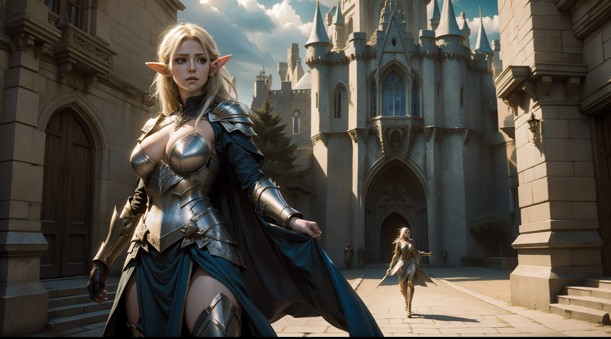 Female elf，Large breasts，Light armor，dramatics，dynamicposes，The background is the castle