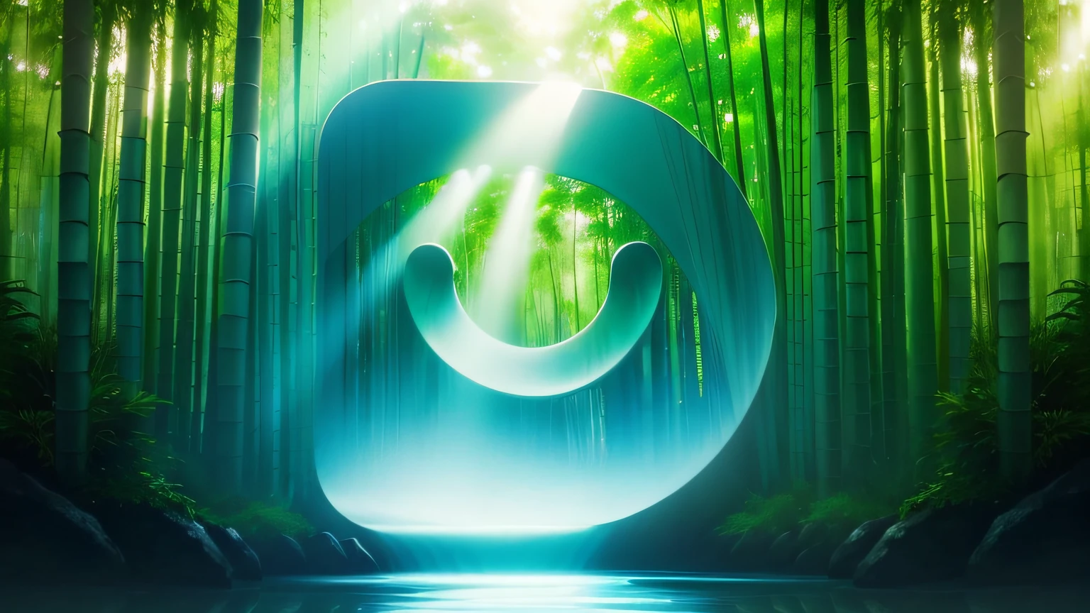 Photo of an object in a bamboo forest，Sunlight shines through the gaps between the leaves。The background is bright，light greens and whites，advanced color scheme，Super wide angle，Strong noise reduction effect