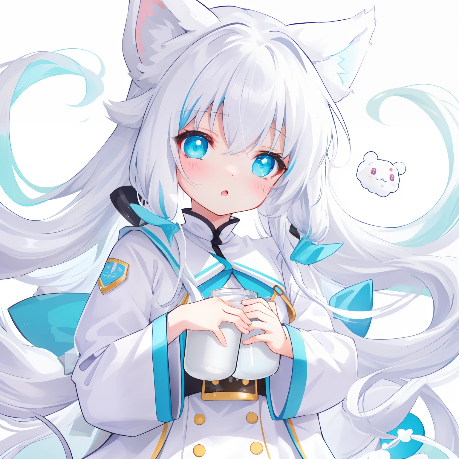 Milky long-haired milk,White clothes,Hu Hu is a very cute face,This is a cute sweet girl,cyan eyes,Bitgirl,Poor milk,white color hair