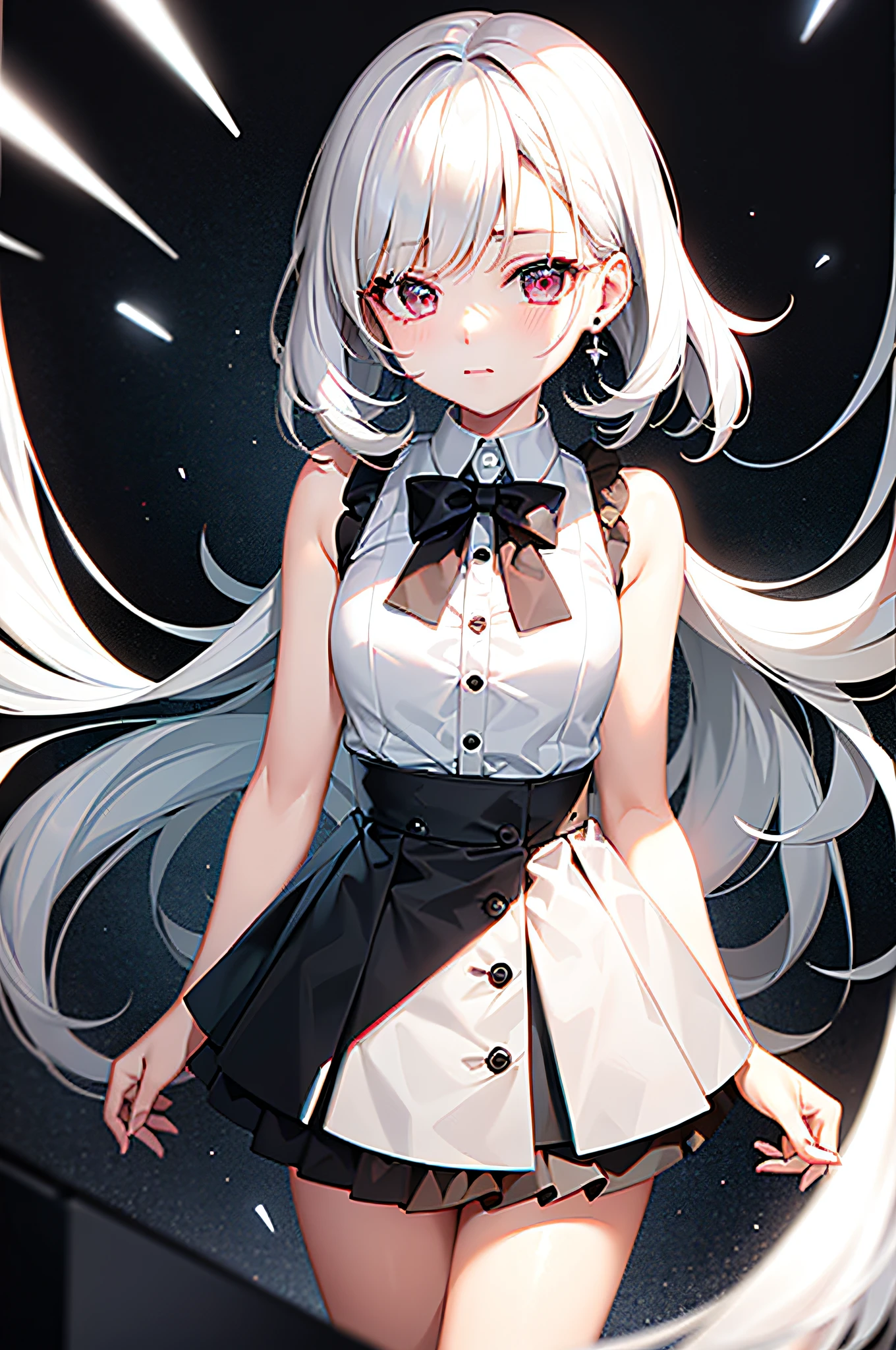 best quality, ultra high res, 1girl, sleeveless white button shirt, black skirt, black choker, cute, (Kpop idol), (aegyo sal:1), (platinum blonde hair:1), ((puffy eyes)), looking at viewer, full body, facing front
