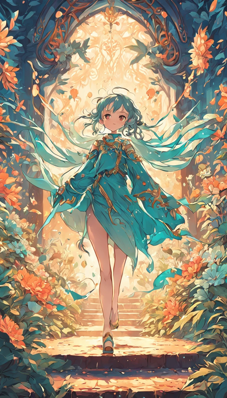 Create an award-winning, Highly detailed vector illustration of comic style wallpaper,It has abundant turquoise and creamy flowers, Decorated with intricate foliage.
