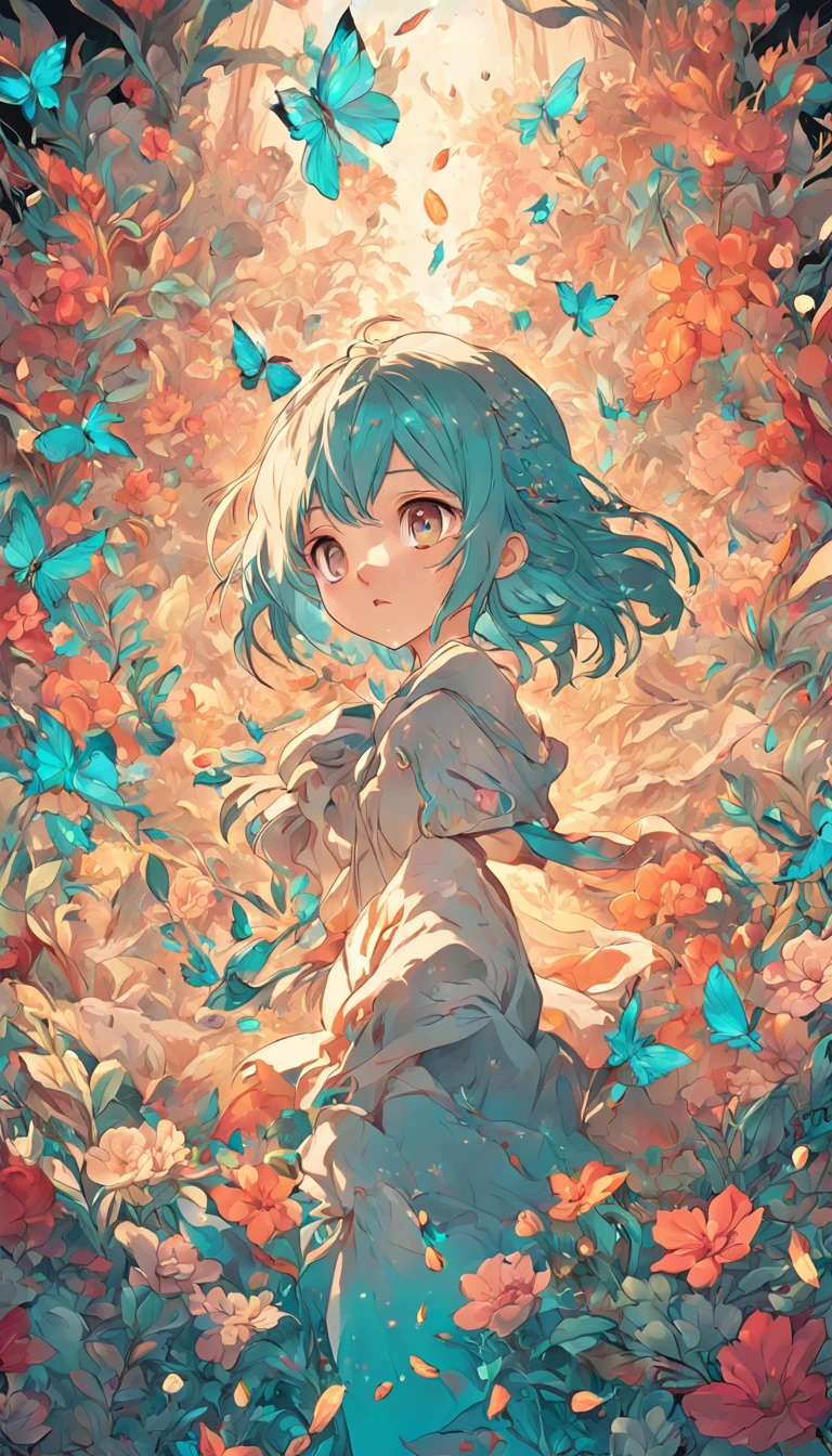 Create an award-winning, Highly detailed vector illustration of comic style wallpaper,It has abundant turquoise and creamy flowers, Decorated with intricate foliage.