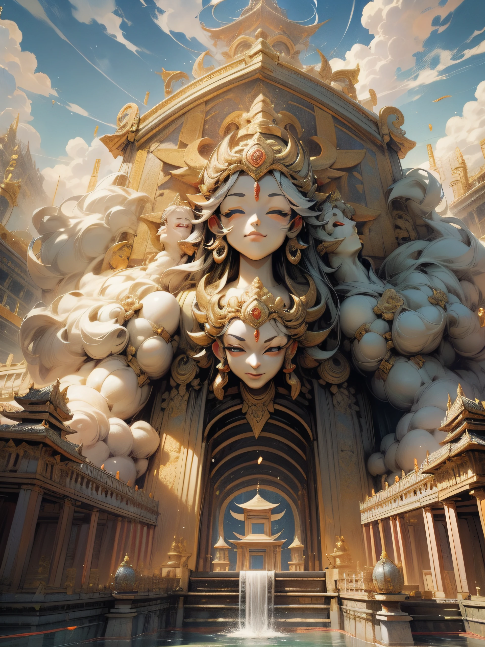 arafed gate with a sky background and clouds in the background, temple background, large temples, water temple, palace floating in the sky, the gates of heaven, gateway to another dimension, sacred ancient architecture, bali, heaven gate, indonesia national geographic, perfect symmetrical image, mysterious temple setting, gates of heaven, portal to another world, palace floating in heaven