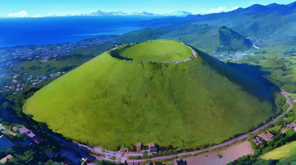 A large green mountain in the shape of pudding，There is a road through it, volcanoes, Aerial view of the mountain,