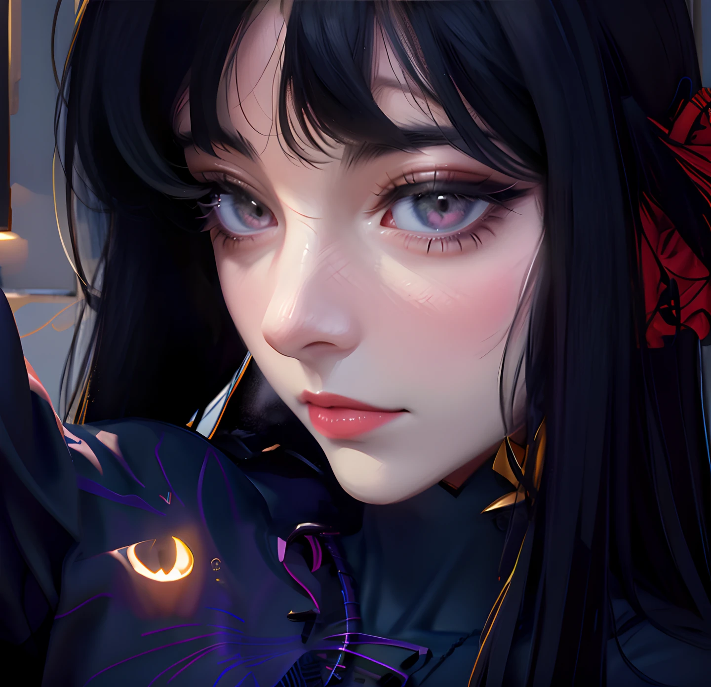 Anime girl with black hair and cat in her hands, Detailed Digital Anime Art, digital anime art, digital anime illustration, anime style 4 k, detailed portrait of an anime girl, Anime style. 8K, digital art in anime style, advanced digital anime art, Stunning anime face portrait, made with anime painter studio, digital advanced anime art