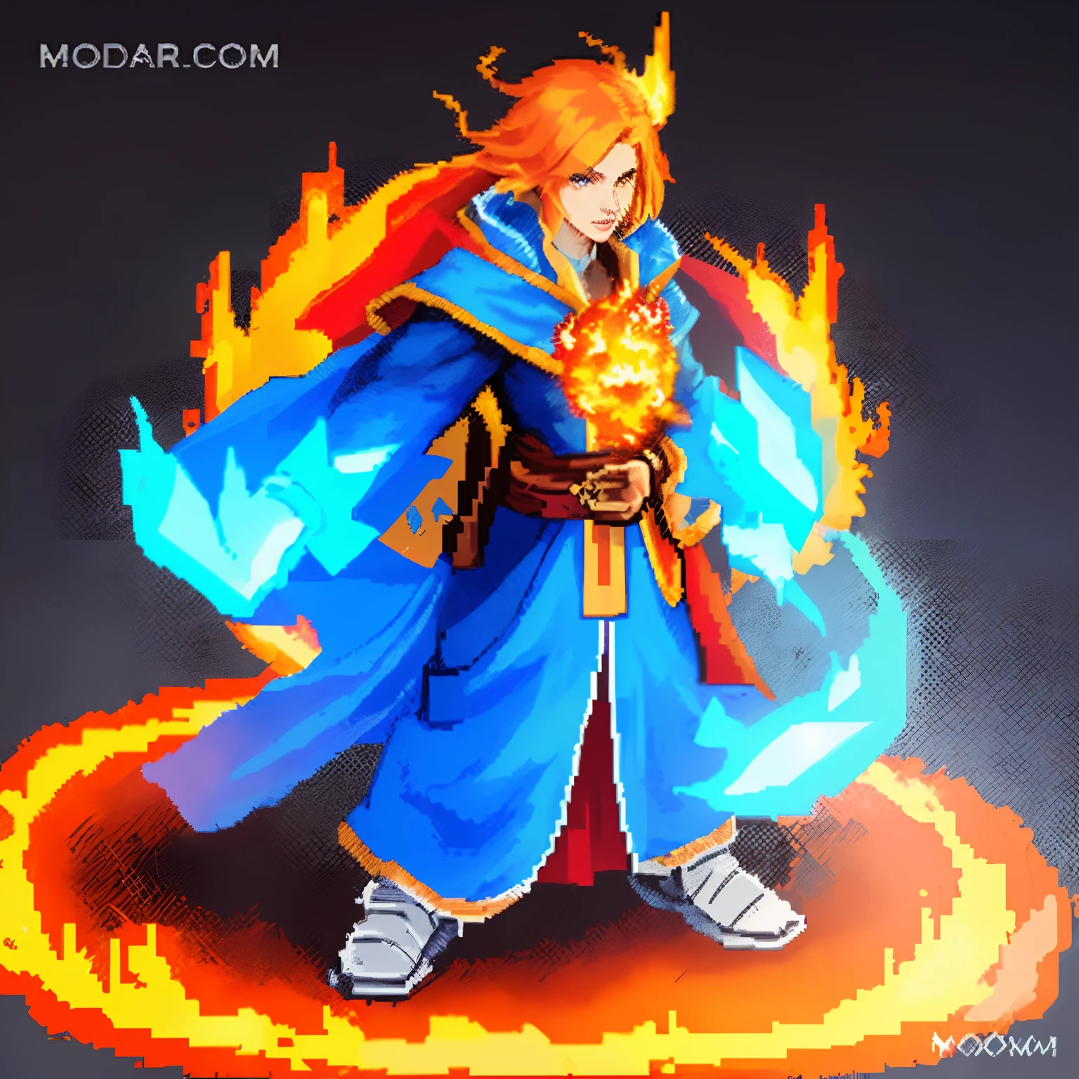Close-up of pixel art of man holding sword, fire mage, style of duelyst, epic mage girl character, Wearing a mage's robe filled with stars, Sorcerer of Ascension, holy fire spell art, Mage, full portrait of elementalist, flame conjuring armored, flame spell, appears as the fire goddess, Fire King, holy flame spell