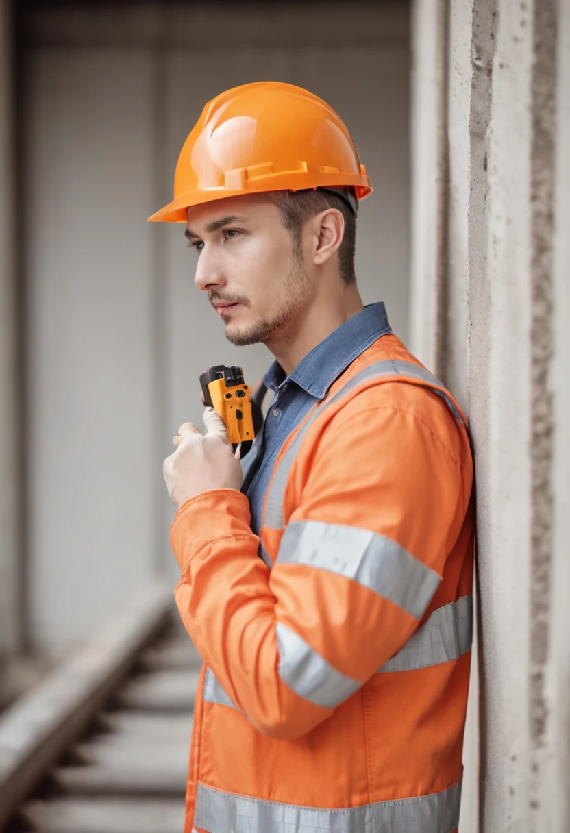 The male engineer wears orange safety clothes, wears a hard hat, and measures the wall with a ruler