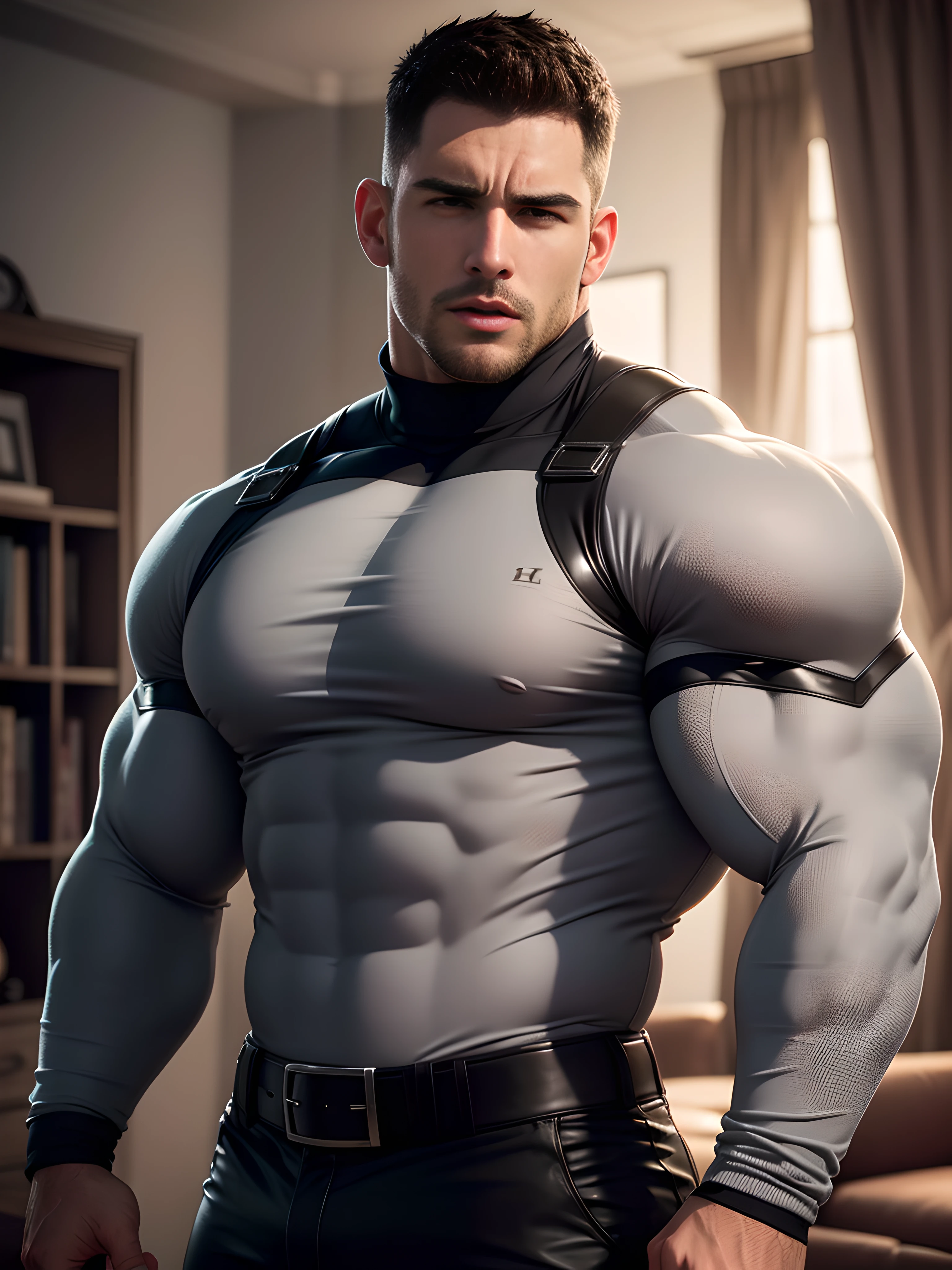 Muscular male security guard with open mouth，Chris Redfield，Wear a long-sleeved turtleneck sweater，expression sad，He frowned aggrievedly。。。。。。。。。。gem-like eyes，Tall, Burly and strong，Thick thighs，He was in the living room of a luxury villa，Luxurious warmth in gray tones。。。。。。Highest resolution，the highest picture quality，Extremely optimized facial features，Detailed depiction