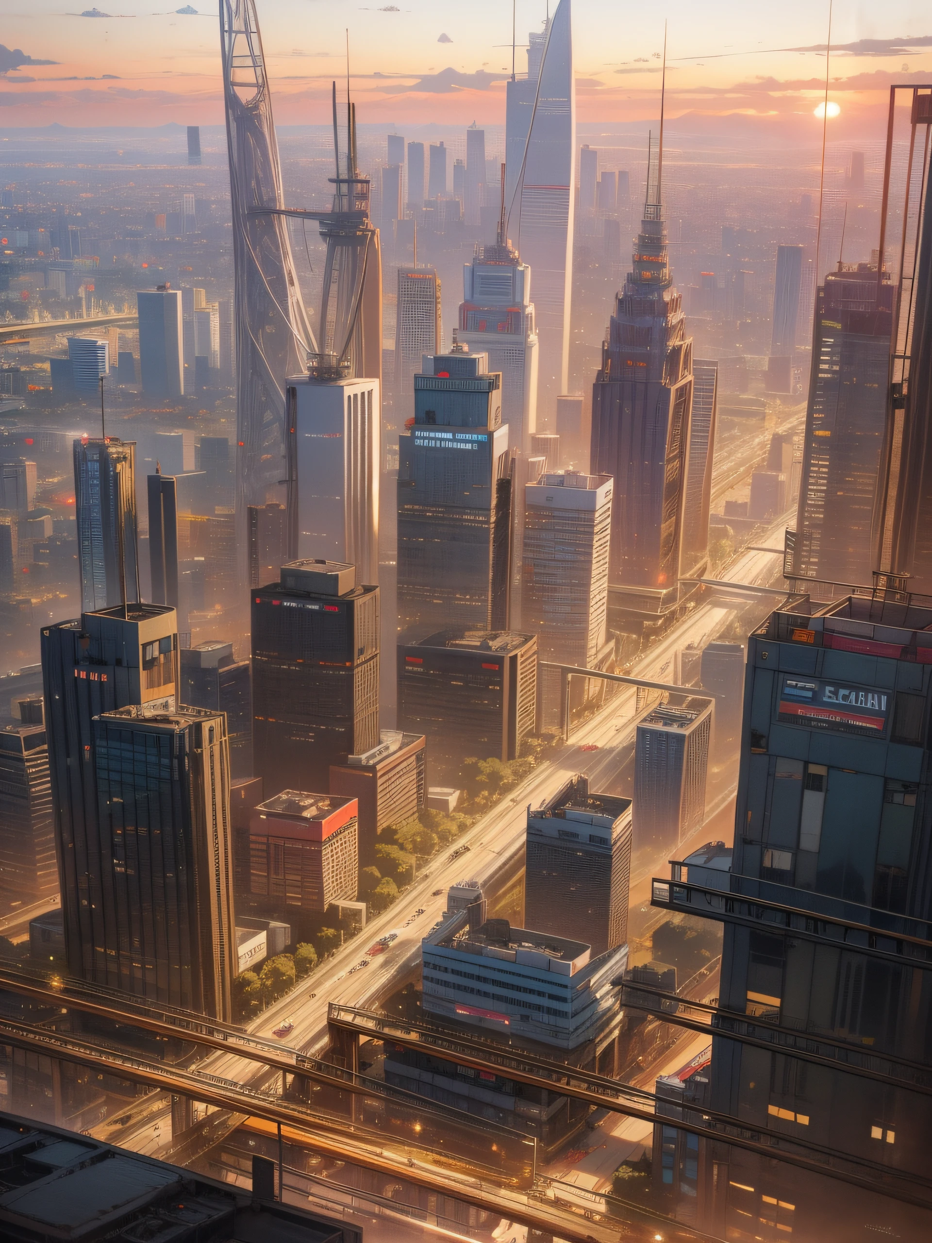 arafed view of a city with a highway and a highway, jakarta, super wide view of a cityscape, vista of a city at sunset, busy cityscape, golden hour in jakarta, indonesia, city twilight landscape, drone view of a city, tech city in the background, a wide shot, city morning, a still of jawa, city in the background