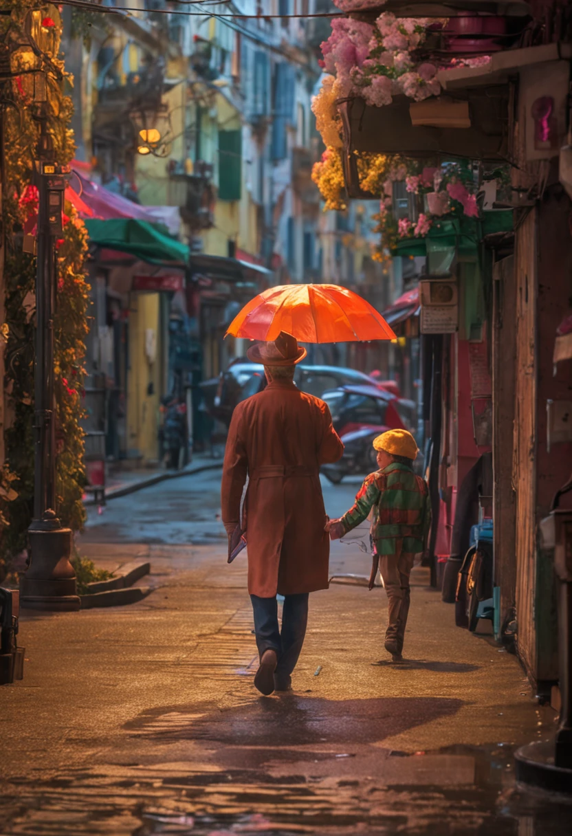 walking around with an umbrella, masterpiece, realistic, oil painting
