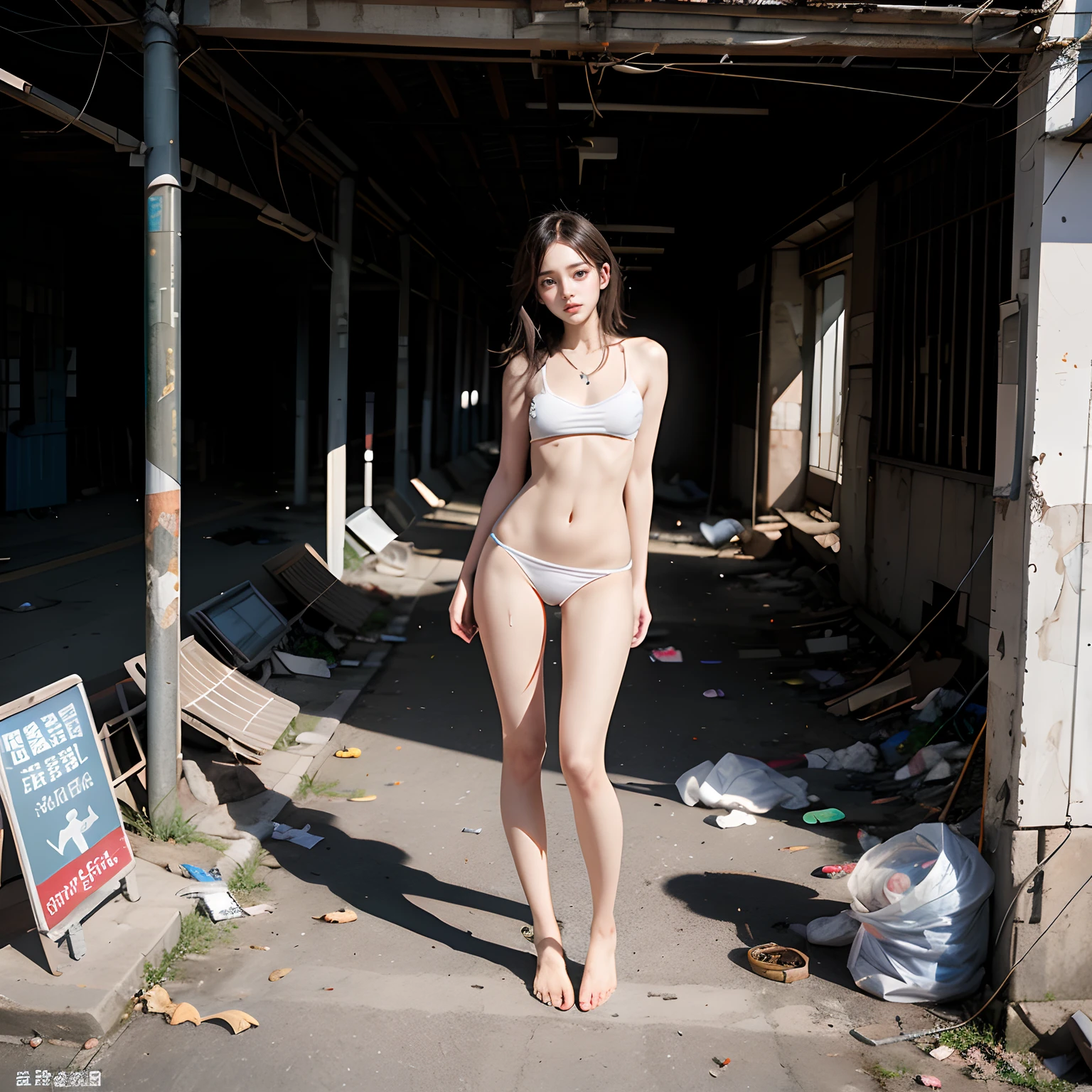 tmasterpiece,abandoned building,Garbage all over the ground,grimy,full-body portraits,Sexy standing pose,Slim legs,very beautiful long slim legs,The barefoot,Naked all over the body,full body exposed,exhibitionists,The body is exposed randomly