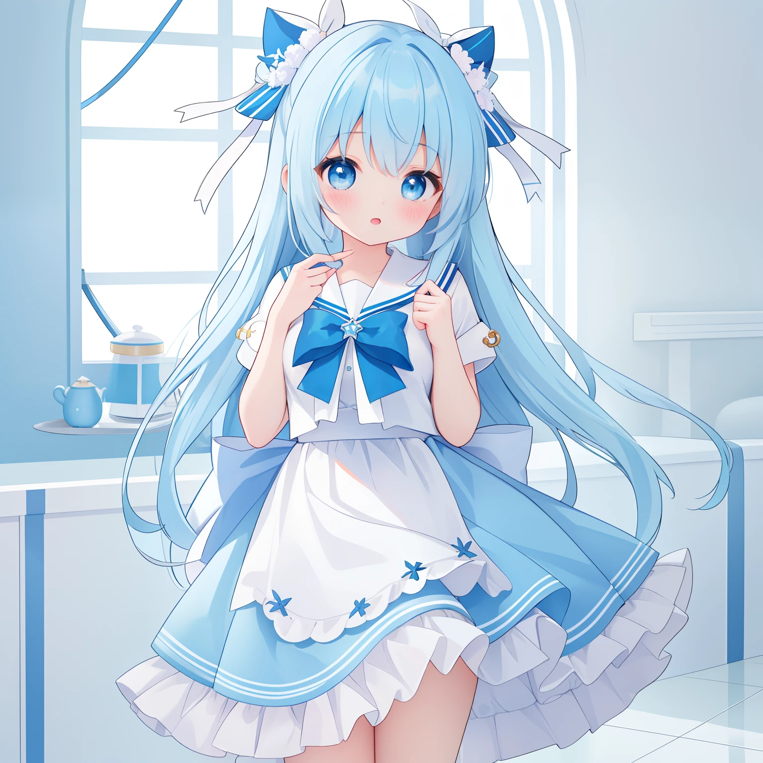 extremely detailed CG unified 8k wallpaper, very fine 8KCG wallpaper, absurderes,Lori ,Best Quality ,ultra-detailliert ,Beautiful face ,masterpiece、Show from head to waist、a girl is standing、top-quality(masterpiece), top-quality, 1girl in, lightblue hair、Two-side-up、Light blue sailor suit、Light blue ribbon、light blue eyes、kawaii