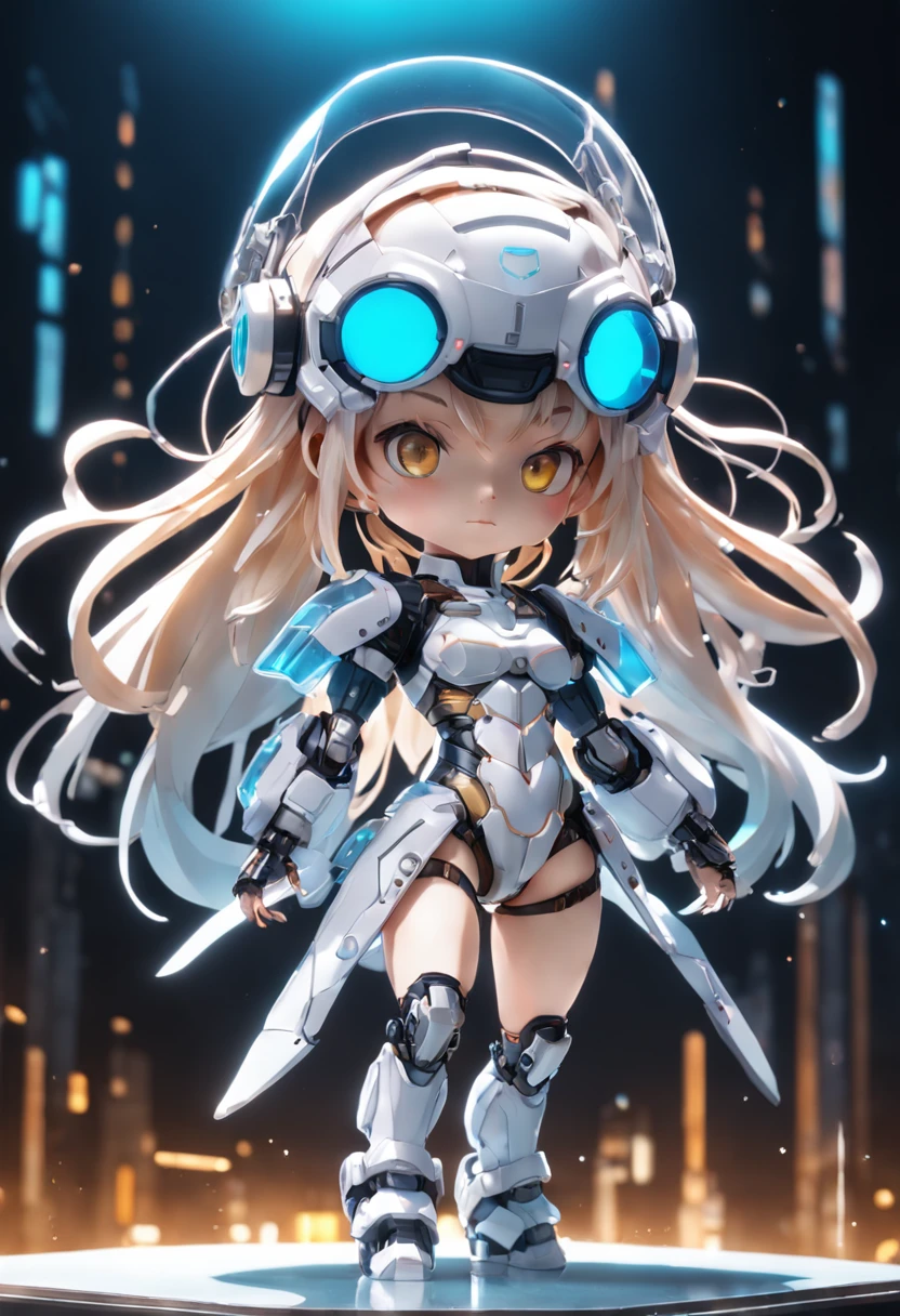 (blind box toy style:1.2),(Full body photo), Transparent and cute girl, Transparent Mecha, Exquisite helmet:1.2, Phosphorescent goggles:1.2, cyber punk style, dreamy lights, freshen, White draft, Global Illumination, Aite Tracking, High-density image review, Unreal Render, Rational design, ighly detailed, Masterpiece Grade, Best Quality, hyper HD, Cinematic lighting。