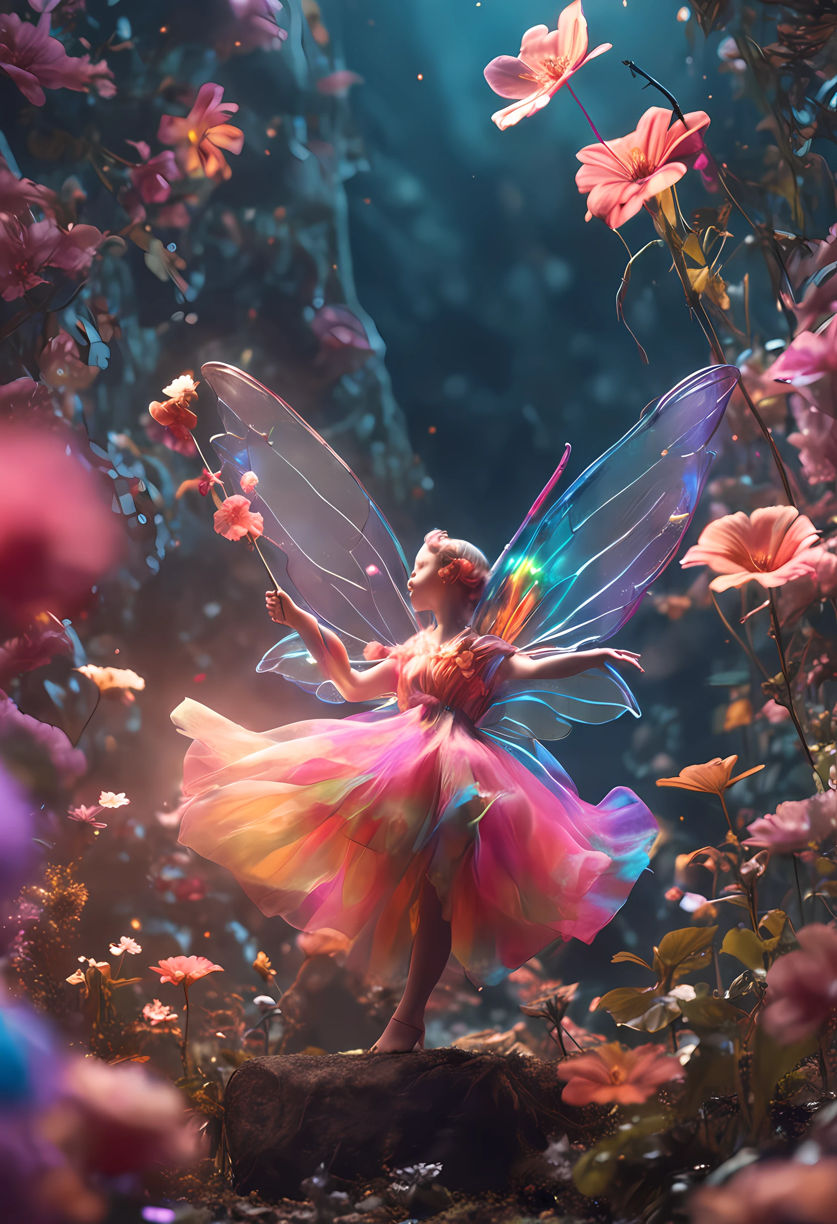 color photo of a flower fairy with transparent colorful wings, holding a magic wand