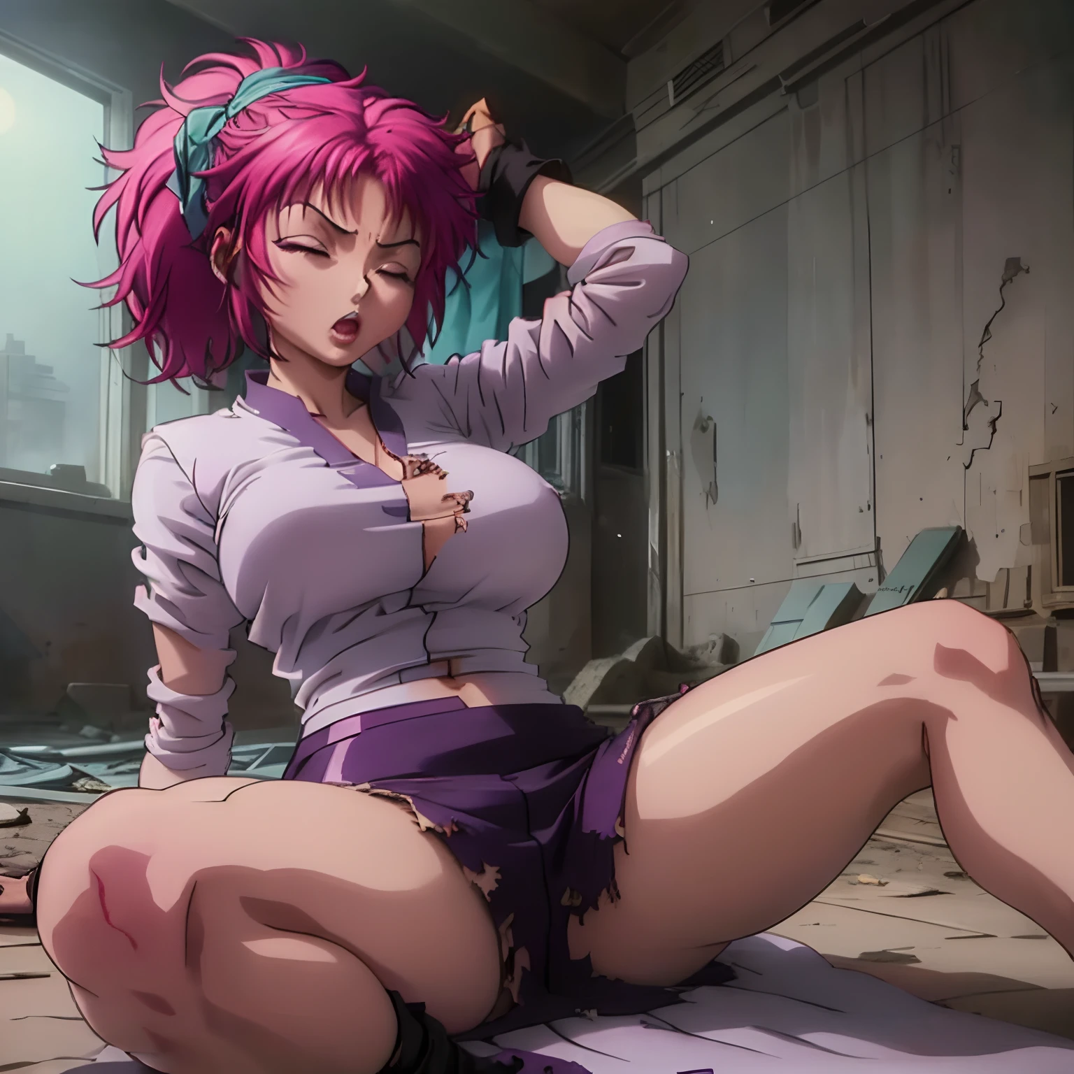 (masterpiece:1.1, Best Quality:1.1), Solo, 1girl in, (Machi:1.2, Hunter Hunter characters), deadpan, Looking at Viewer, detailed brown eyes, Detailed face, (Machi cosplay:1.2, Pink hair, Ponytail, torn White clothes:1.55, Huge breasts:1.3, Huge cleavages:1.3, realistic nipples:1.2), (lay down and open legs:1.35, yawn and closed eyes:1.35, In a realistic abandoned building:1.15, Dark atmosphere:1.5),