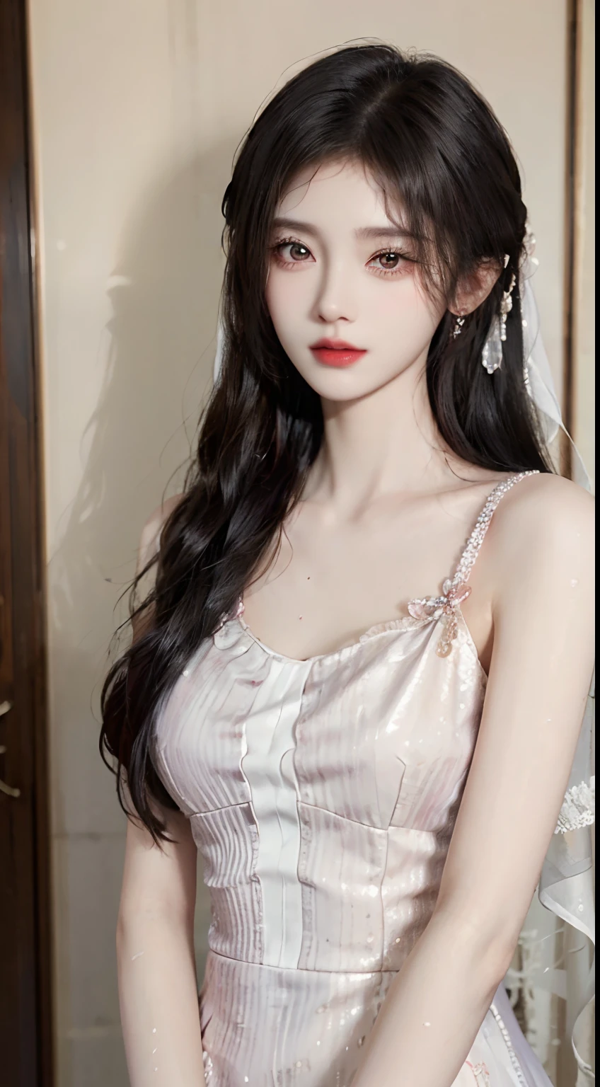 Best quality at best,tmasterpiece,A high resolution,1girl,Transparent red silk porcelain dress,beautiful face,hair adornments,looking at viewert,ssmile,closing the mouth,cparted lips,shift dresses,hair adornments,choker necklace,jewely,long whitr hair,耳Nipple Ring,beautiful face,upon body,dingdall effect,真实感,dark studio,edge lit,twotonelighting,(highdetailskin:1.2),8k uhd,digital SLR camera,softlighting,high qulity,Volumetriclighting,sneak shot,photore,A high resolution,4k,8k,Background bokeh