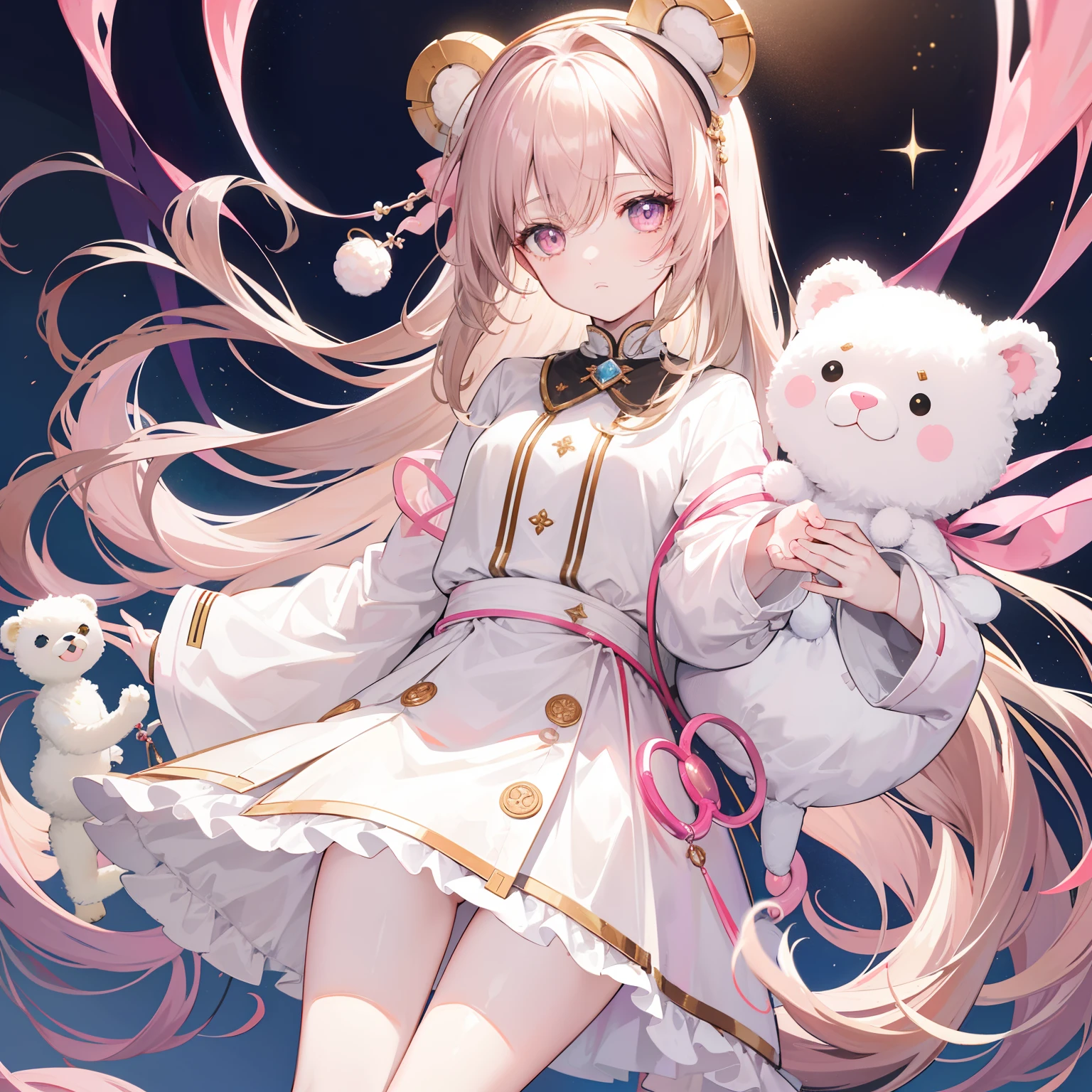 The title Douluo Continent with multiple pale pink soul rings，It's Sister Lori，Light rice and cream white color scheme，Long light brown hair，baggy clothes，Known as the Muppet Bear Puppeteer，It's a cute cute girl，