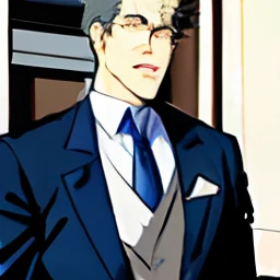 a close up of a man in a suit and tie standing in a hallway, joe biden as an anime villain, he has dark grey hairs, in the anime film, hajime yatate, anime joe biden, hijikata toushirou, an angry muscular army general, male anime character, anime handsome man, a silver haired mad, as an anime character