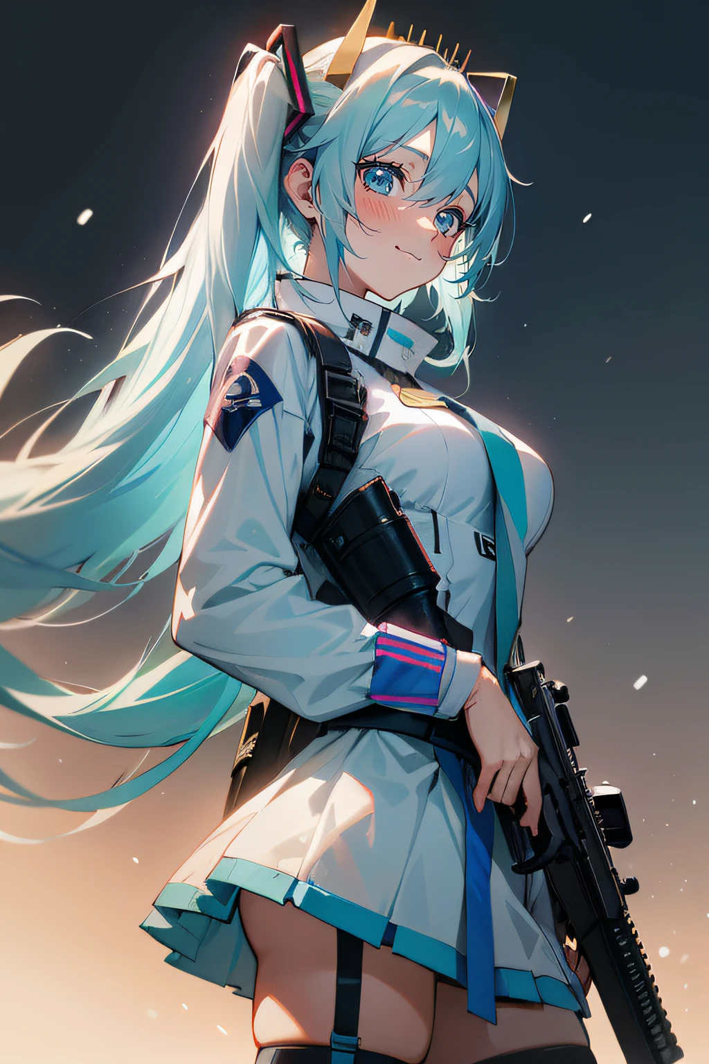 Big breasts Hatsune Miku,, Hair over the shoulder, He wears a crown of ice and snow on his head, Officer shoulder straps, Gradient bluish-silver hair, blue color eyes, Light blue hair, Gradient hair, double tails, eyeball, Colored Contact Lenses, aqua eyes, Blush, Ear blush, smiley, parted lip, Light smile, Anime style, projected inset, Cowboy shot, Sony FE GM, Sony FE GM, Cinematic lighting, hyper HD, Textured skin, 4K, 1080p, 16k, Super detail, retinas, Best quality, A high resolution