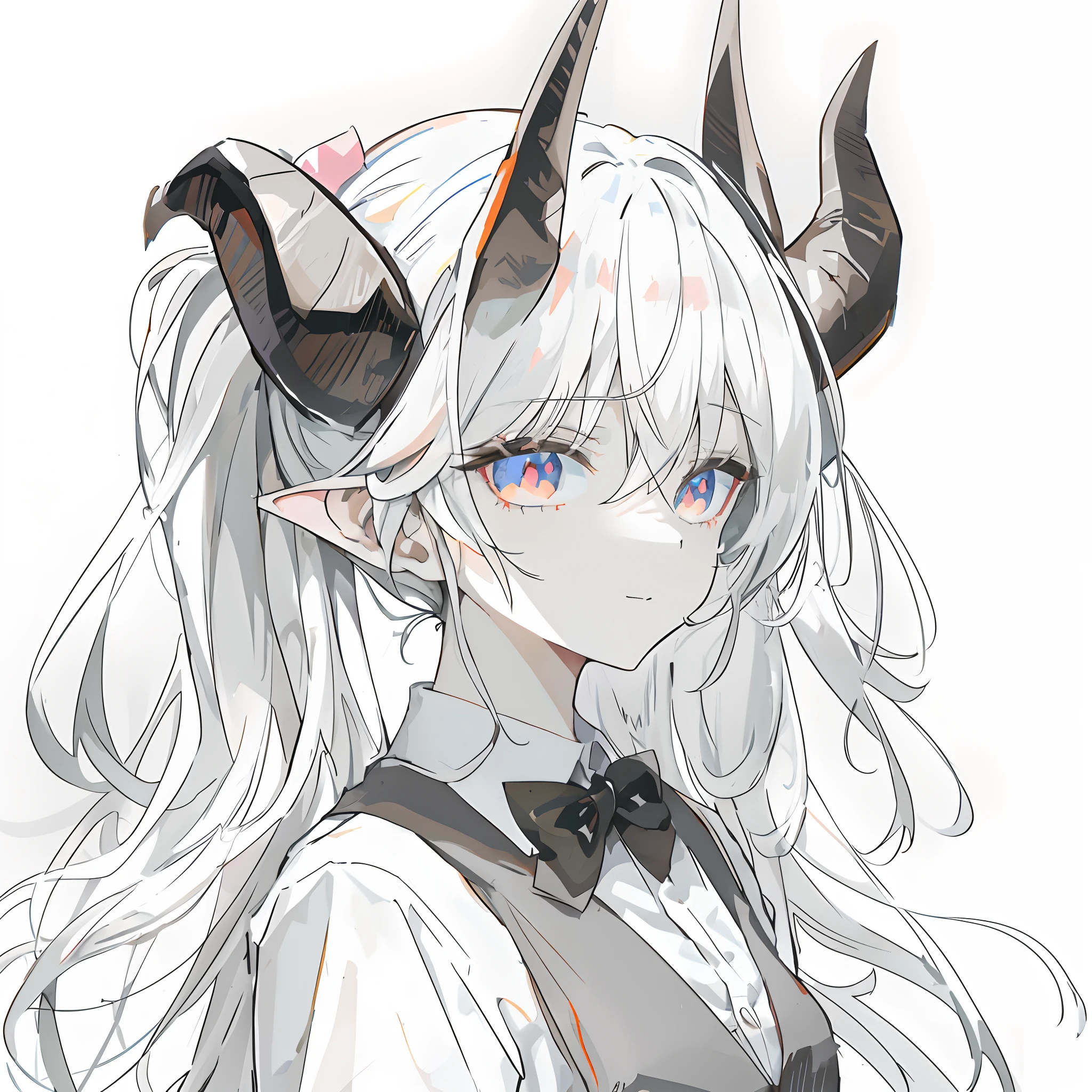Anime girl with horns and bow tie in white shirt, With horns, girl design lush horns, demon anime girl, cute horns, white horns queen demon, demon white horns, anime girl with cat ears, with black horns instead of ears, portrait of demon girl, Demon Girl, mika kurai demon, Girl with cat ears, devil horns,ssmile