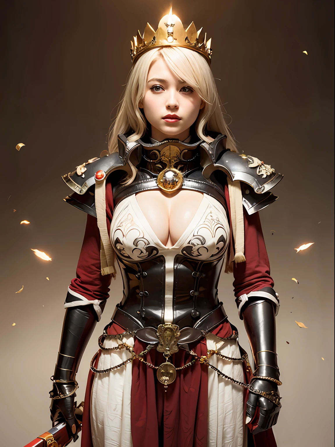 (masutepiece), Professional , masterpiece、top-quality、photos realistic , depth of fields (Gemstone White Metal Body:1.9),(Matte White、Jewel Gold Weapon(Jewel Metal Body:1.4),Gorgeous metal weapons ,(( Detailed and gorgeous sword of the brave)) , Beautiful knife ,warhammer 40k , adepta sororitas,Detail and ornate jewel crown、((Golden hair))、((Gangle's forest background))、Beautiful Caucasian beauty、1a person、dynamic ungle,(((Detailed and ornate diamond crown)))、Smaller head、A smile、Background inside the castle、Thin and beautiful female hands、cleavage of the breast、Soldier in iron armor on background、Mystical expression、Light Effects、intense fighting、Wind-effect、magic circles、With the legendary magic wand、(wings of light)、Toostock、Toostock、