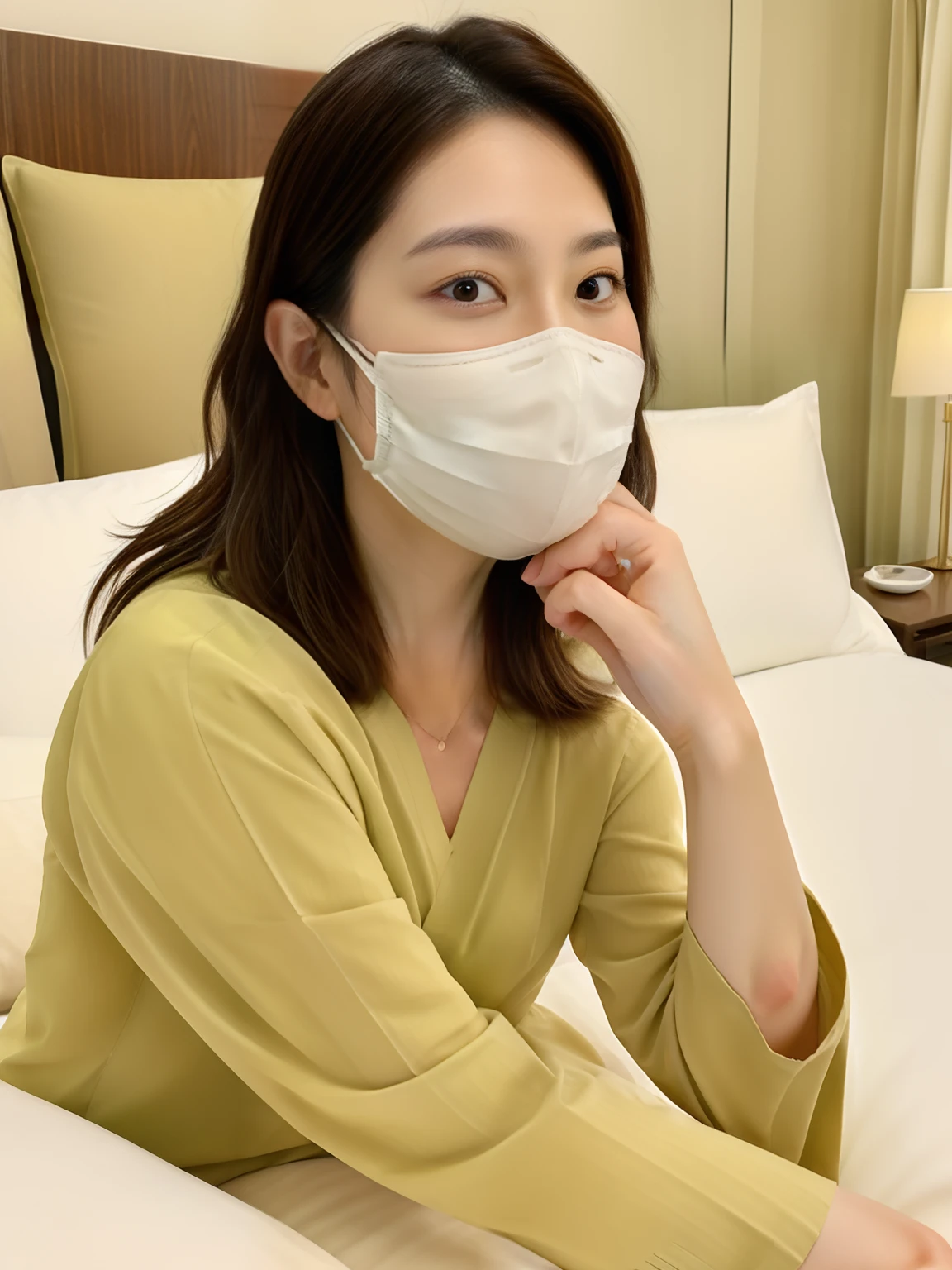 Woman sitting on bed wearing face mask,