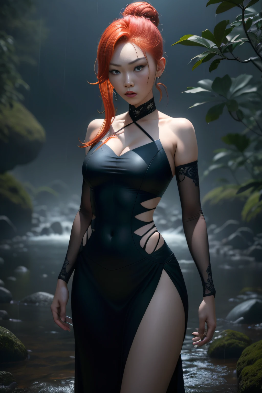 Natural redhead woman poses for photoshooting, fully body pose, Angry, Irritated, She was screaming, Stylish updo hairstyle, hair-bun, Facial features in Japan and Vietnam, Straight hair, Pretty face, Flawless face, Thunderstorm in the background, Yelling, agitated, Mixed facial features of Aya Yamamoto and Tamarina Matsui and Asuka Saito and Mayo Akiyama, Petite body, This photo looks like it was taken by a Sony A7 III, Profesional photogarpher, dark ambiance, Edge lighting, Cinematic, waxy candles, Witchcraft, Full body portrait, Ultra photo realsisim, Beautiful face, 8K, Full body portrait, elegant, Natural lighting, Sharp focus, Very detailed face, vibrant, Smooth and radiant skin, Beautiful face, 64k, hyper HD, Beautiful soft skin, 50 millimeters, Low light, Dark and mysterious atmosphere, vibrant, skin, Photorealism