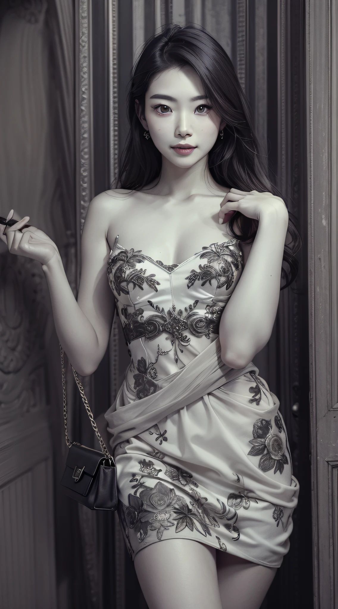 (Extremely detailed CG Unity 8k wallpaper, masterpiece, best quality, super detailed), (best lighting, best shadow, extremely delicate beauty), floating, [(1 girl), dynamic angle, (long black hair: 1.1) obsidian-like, gorgeous, (danphoenix eyes), (silky skin), (perfect curves), (charming collarbone), (perfect hands, hand repair), upper body, (flowing dress), slender figure, (seductive eyes): 0.8], [twilight, lakeside , a rainbow butterfly, (nature: 1.2), (breeze: 1.1), light passing through trees, (soft touch of wind), (depth of field): 0.7]