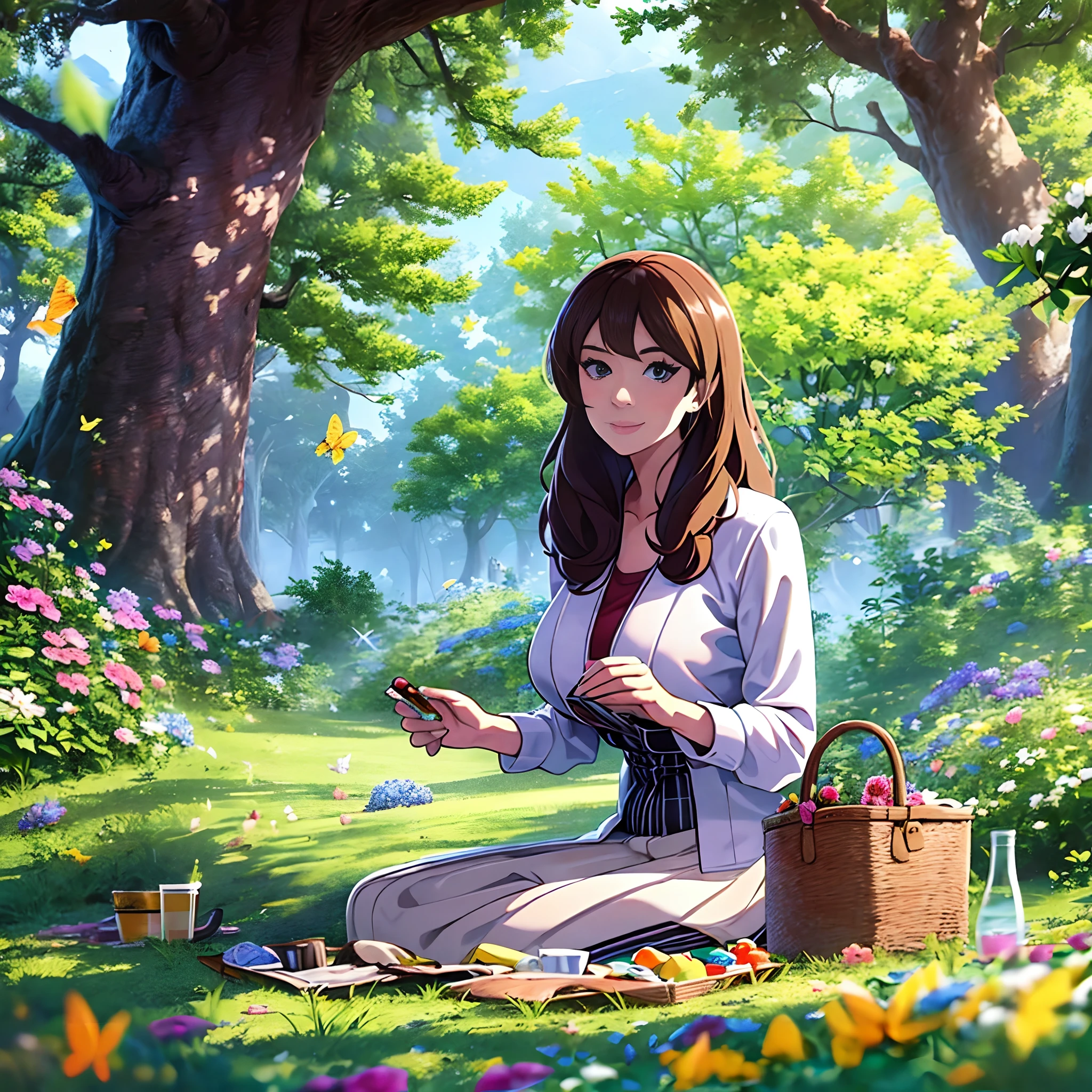 woman, age 30, milf, having a picnic in a picturesque meadow, surrounded by flowers, butterflies, and the gentle company of woodland creatures.