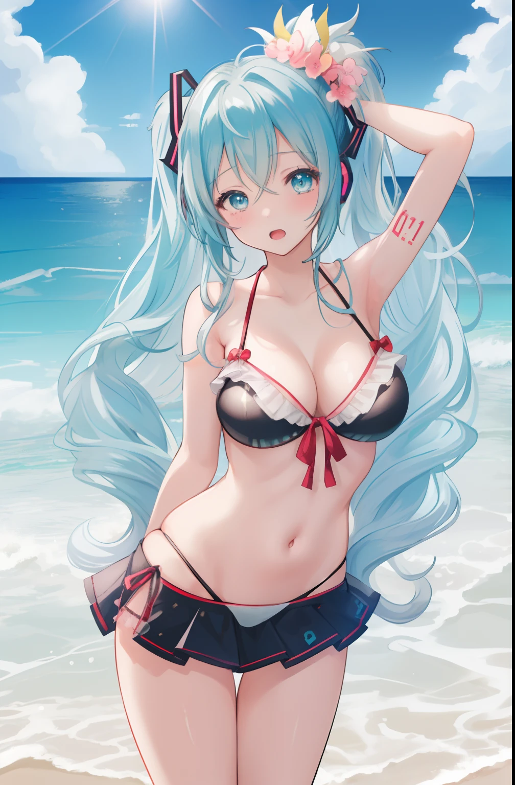 (((hatune miku))),Cowboy Shot, {{messy long hair}},View the viewer from below, Beach, Water, Sunlight, Long hair, Wavy Hair, hair over shoulder, side locks, (((5ars old))),{long hair flowing with the wind}, {Authentic and detailed face}, {Closed_Eyes}, {Open_Mouth}, Bare shoulders, Leaning forward, Arms behind ruffled bikini behind,Pixiv masterpiece, The best quality illustrations,Beautiful detailed liirl, Detailed cute girl,Detailed eyes,Delicate and transparent skin,Cinematic Light, Transparency,8K