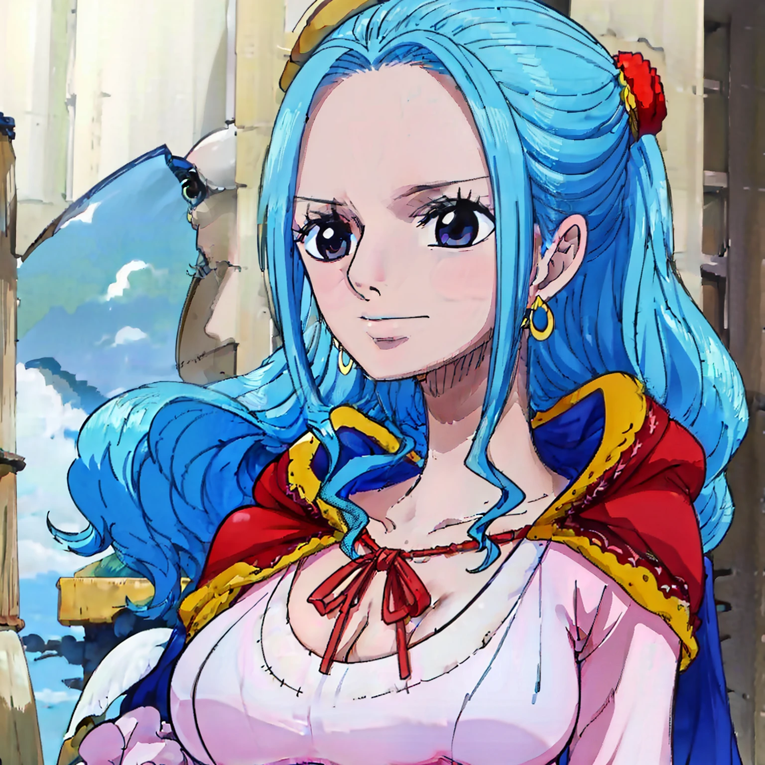 masterpiece, fine detail, 4k, 8k, 12k, solo, 1 person, beautiful girl, white female, upper body, light blue hair, vivi from one piece, coast, sea, sunset