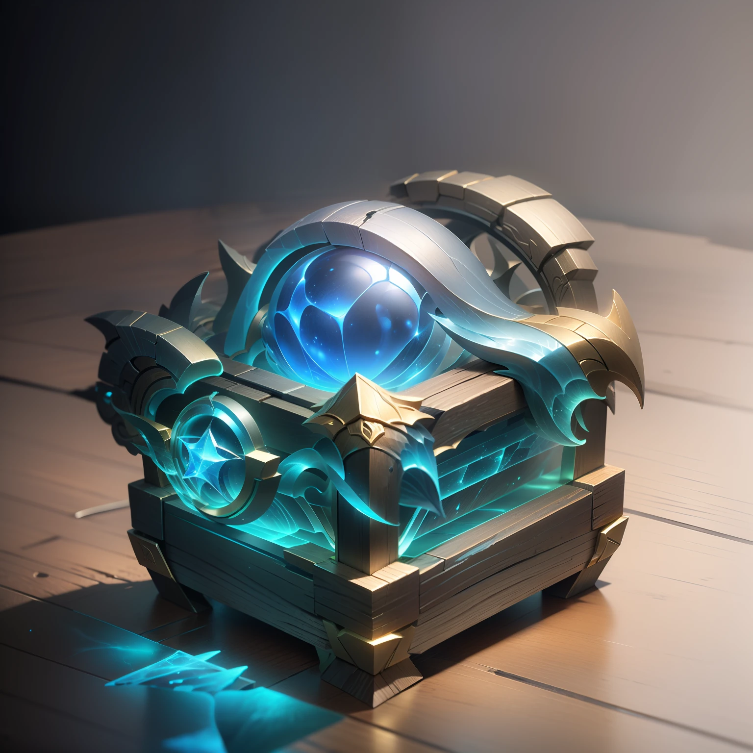 fantasy concept art, Glowing blue dodecahedral mold on wooden table, In the fantasy of comfort (workshop), Tools on the table, art stations, Depth of field, 4K, Masterpiece