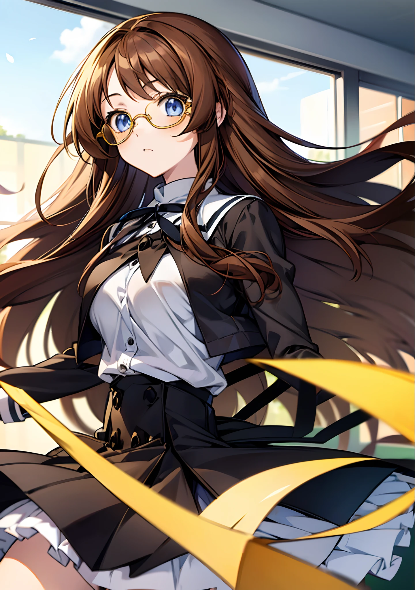 solo, (((anime girl with long brown hair))), (circular yellow glasses), (blue eyes), blank expression, expressionless, no emotion, school uniform, skirt, ((classroom in background)), ((high quality)), (extremely detailed)
