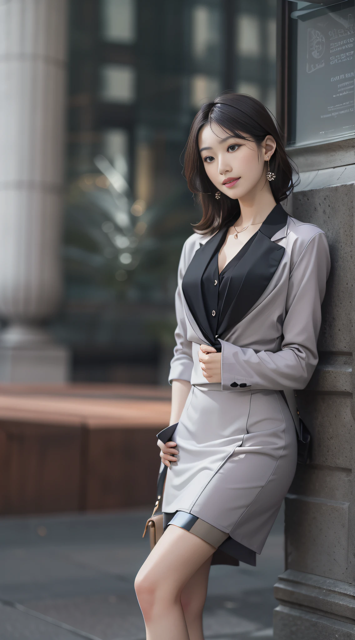 Masterpiece, Best quality, (Realistic, Photorealistic photos: 2.0), 8K, An extremely delicate and beautiful Asian woman,Pose in a black and white dress, Fashion model, Stunning beauty, Detailed details, Full body photo perspective, Perfect body proportions, Workplace style, Small suit, Narrow skirt, High heels, Soft leg line, Smile, Looking at the camera, Pull your hair behind your ear with your right hand, Hold a handbag in your left hand.