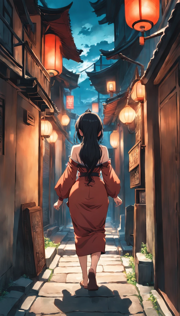 araffe walking down a narrow alley ,  big booty, ancient city streets behind her, curvy accentuated booty, japanese woman, walking away from the camera, at a city street,  on a street,