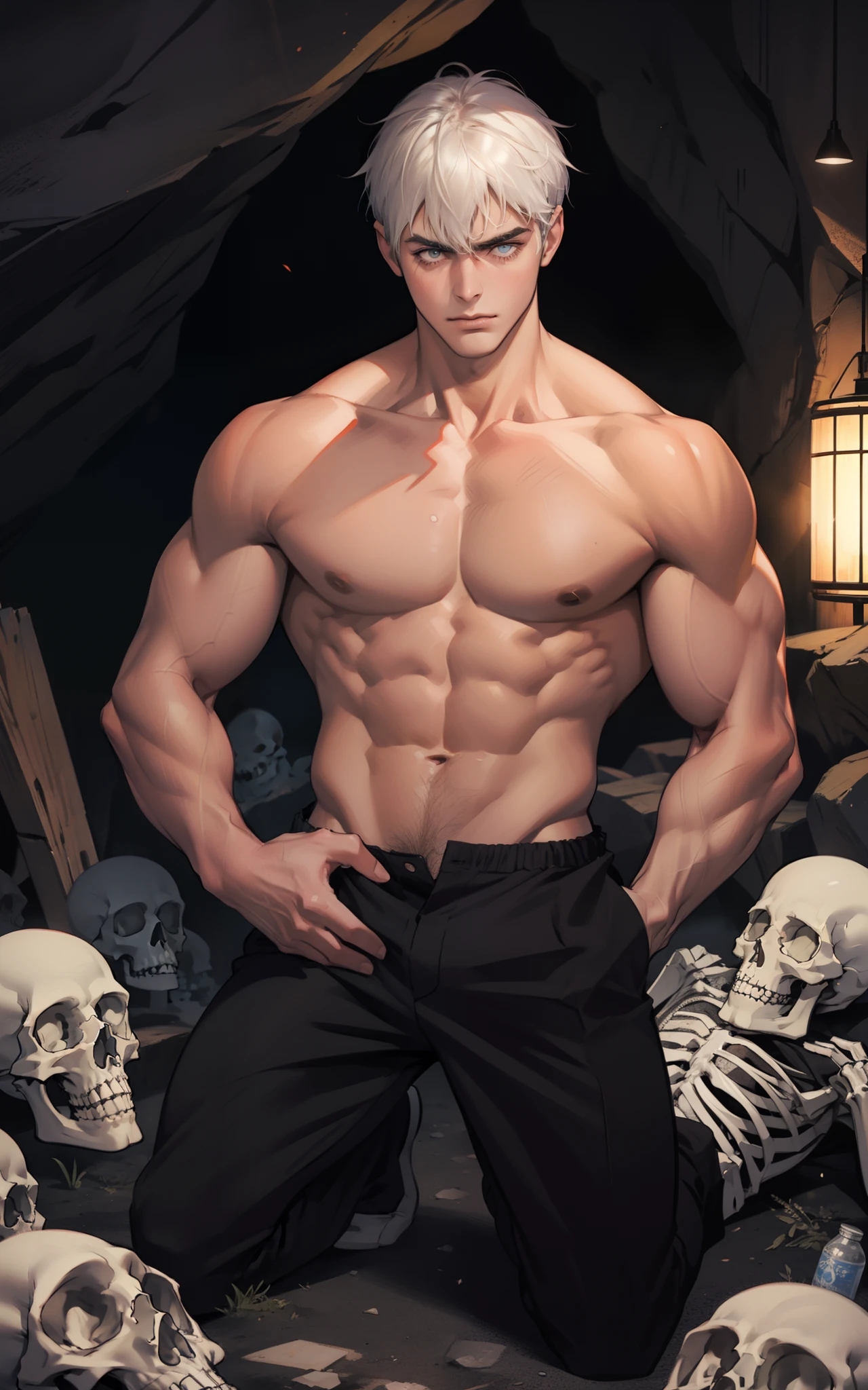 A muscular youth,Kneel in a cave full of skeletons,Confused eyes,Hands drooping,malefocus,chest muscle,Abs
