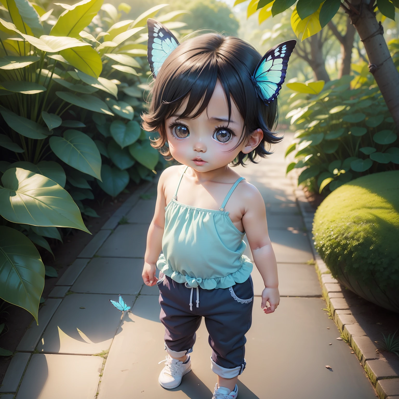 Cute Baby Chibi Anime,Cute sleeveless camisole and casual pants,Blue butterfly,Joaquin Antonio Uribe Botanical Garden