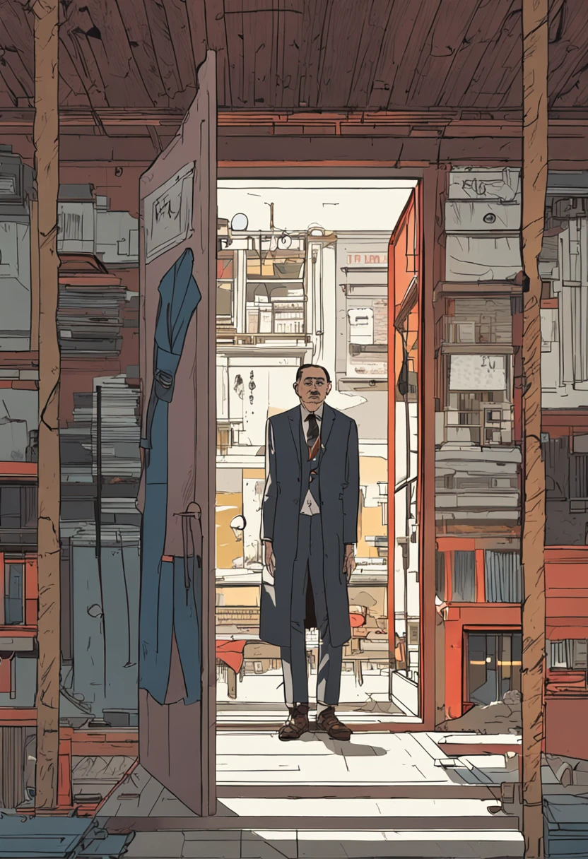 there is a man standing in a room with a tie on, style from greg rutkowski, inspired by Tsuruko Yamazaki, kentaro miura style, inspired by Naondo Nakamura, inspired by Reuben Nakian, inspired by Shōzaburō Watanabe, inspired by Gigadō Ashiyuki