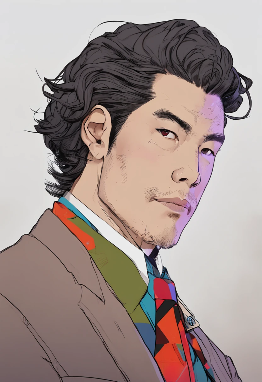 there is a man standing in a room with a tie on, a portrait inspired by Tsuruko Yamazaki, instagram, sōsaku hanga, style from greg rutkowski, kentaro miura style, style kim jung gi, style of kentaro miura!!!!, mid shot portrait, style greg rutkowski, tsubasa nakai's style