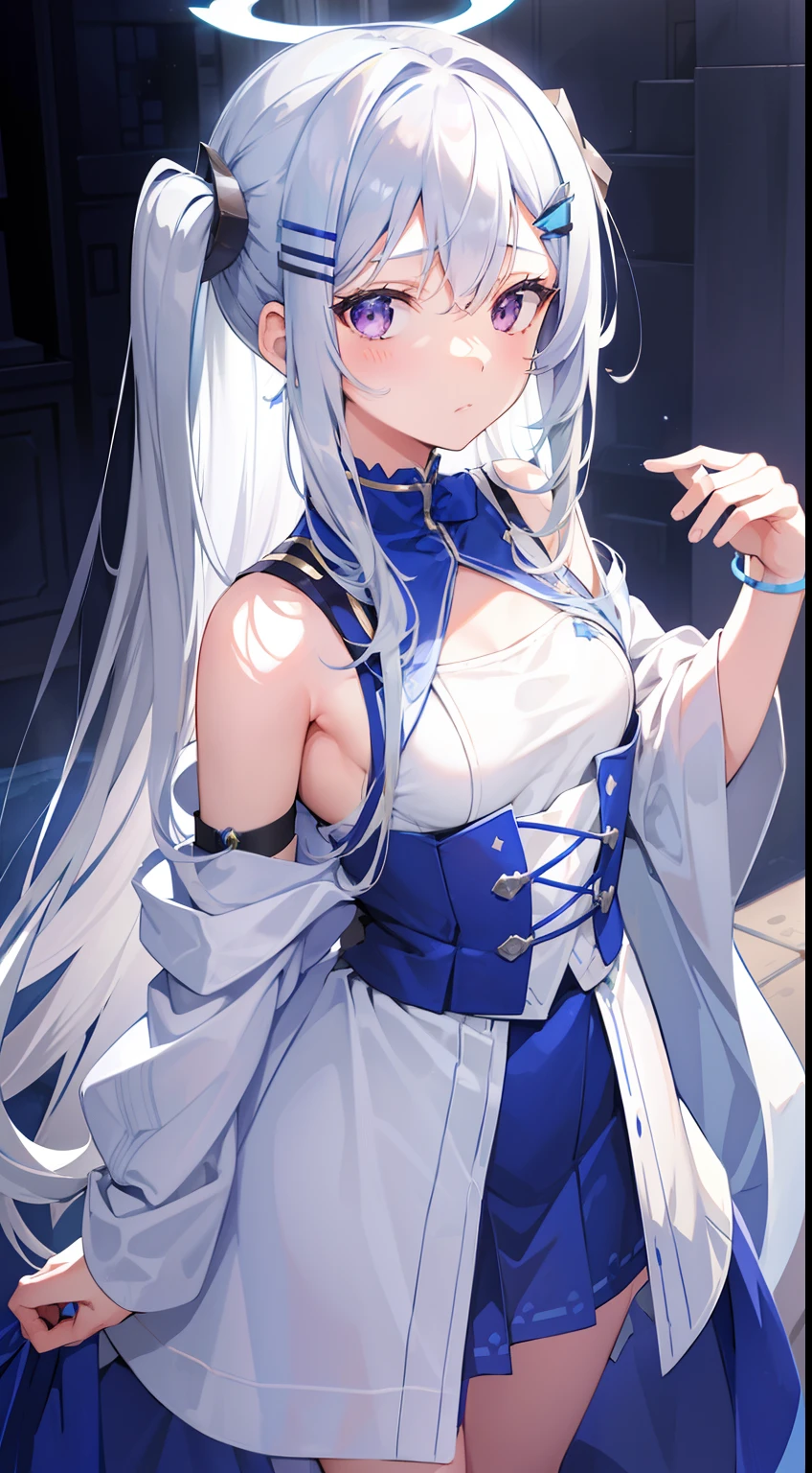 Chica anime, long messy white hair that is tied, accesorios en el cabello, Hermosos ojos azules, blank expression, wearing a white qipao with some pale blue designs., piernas desnudas, piel clara, hermoso fondo de sala china con una maceta, 8k, High resolution, good anatomy