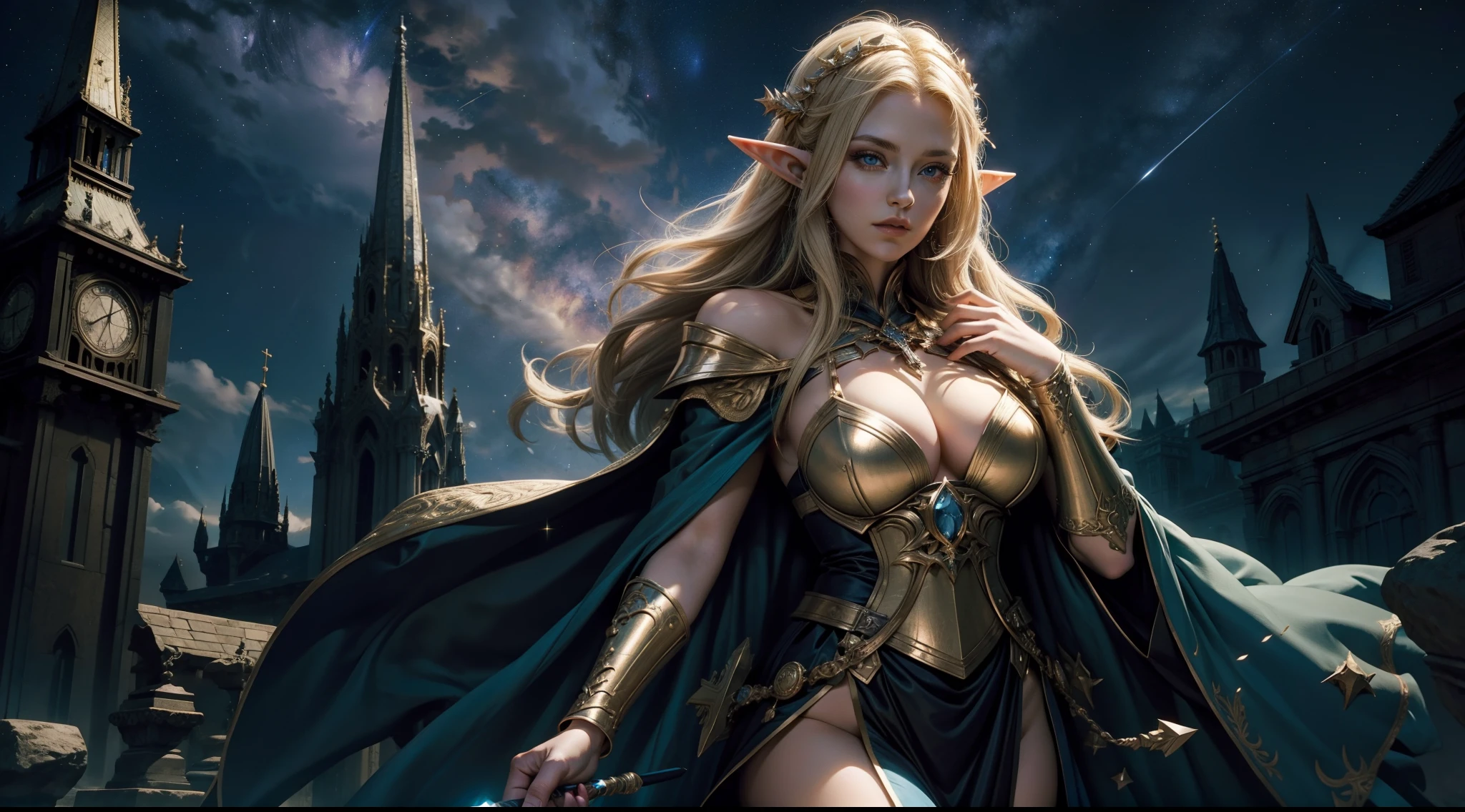 Female elf,Large breasts,magnificent robe,sceptre,dramatics,dynamicposes,The background is a starry sky,mystic symbols,magia,Huge cross