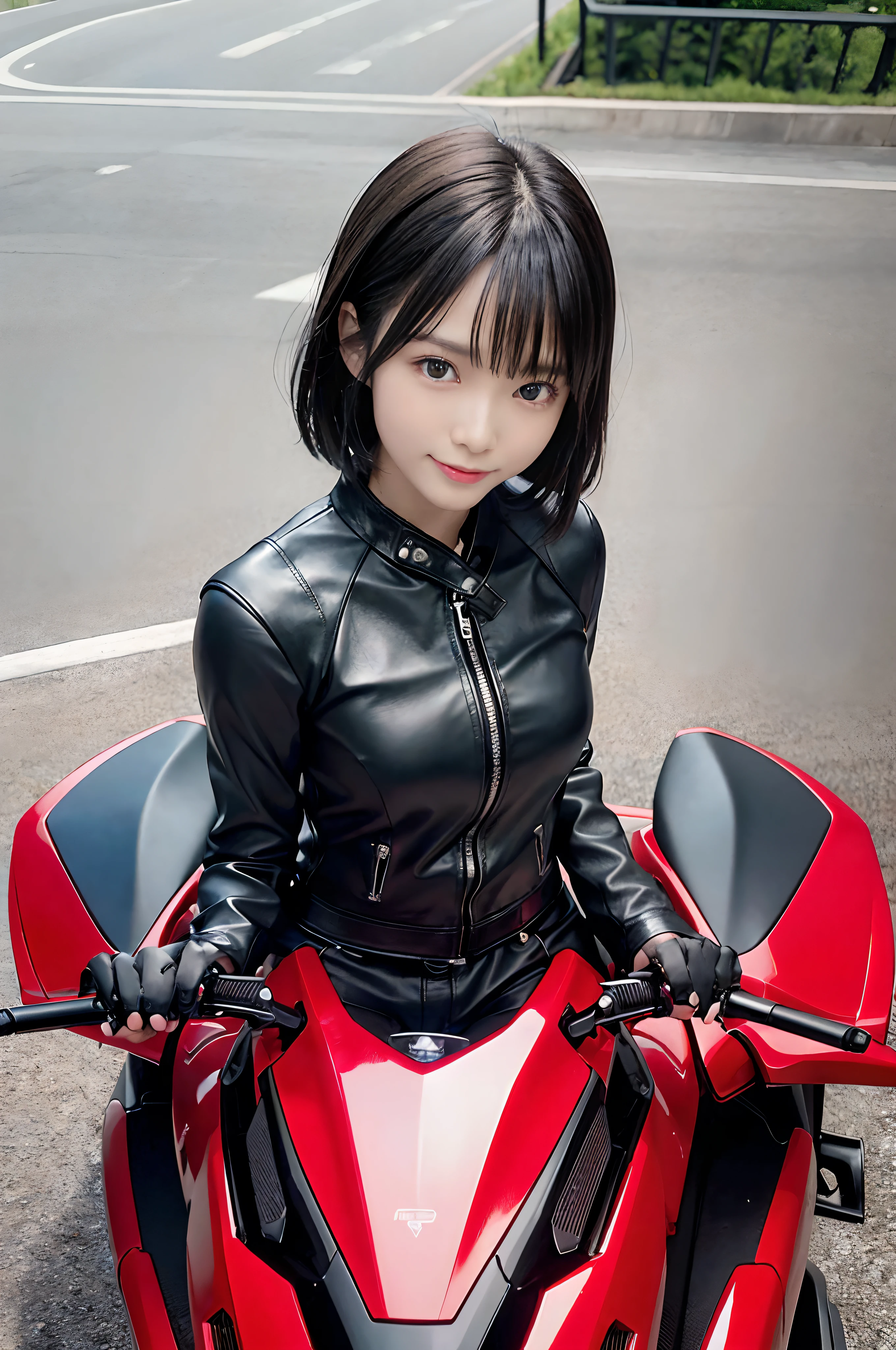 Close-up of a cute Japanese girl riding a motorcycle、Leather jumpsuit、Big bike with sidecar、