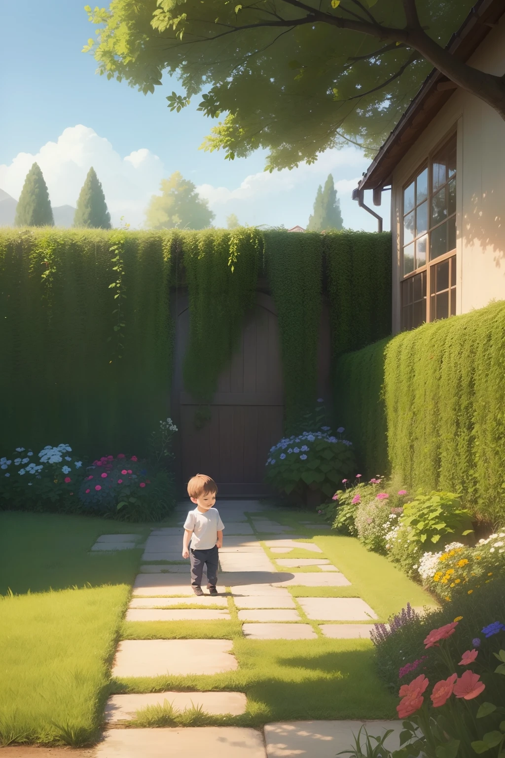 illustration, childrens book, A 2years old ,the boy with a mysterious atmosphere is
in the garden with a smile on his face.