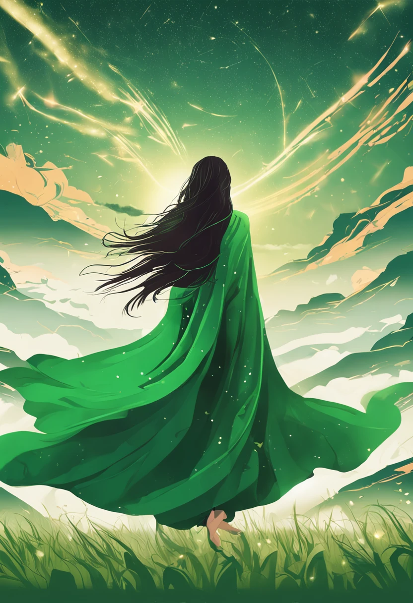 green long hair，The ends of the hair dance with the wind，beautiful  Girl，long white robe，Standing in the middle of the steppe，Dance your hands，The lush grass dances in the wind，Golden particles of light like the wind surround it，The distant mountains are faintly visible，Several stars shone in the sky。