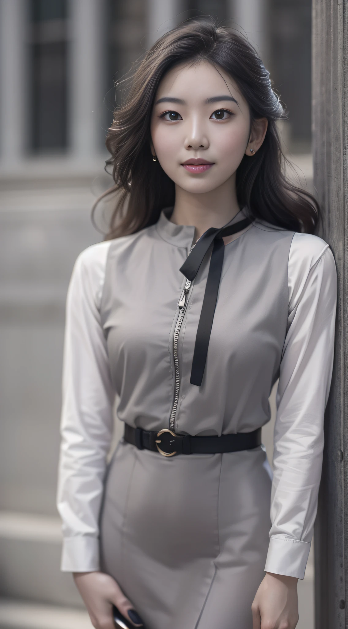 (Ultra-detailed) Best Quality: A Full Body Portrait of a 25 Years Old Woman, showcasing a Delicate and Beautiful Face with Big, Expressive Eyes (1.1). Sporting a subtly stylish Female White Collar Uniform (1.2), she dons an Office Uniform that exhibits fine details, especially around the collar and cuffs. Her slim body is accentuated by the contrast between the uniform's sleek lines and the elegance of Black Stockings.

The Outdoor Scene, bathed in the soft, natural light of a sunny afternoon, provides an idyllic backdrop for this captivating portrait. With