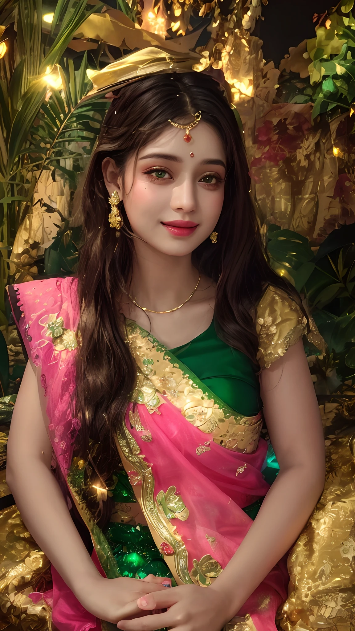 realistic, photorealistic, masterpiece, best quality, a girl, looking at viewer, happy, long hair, beautifully lips, indian lahanga, pink and green lahanga, spreading lahanga, green lace transparent, gold plating, jewellery, DJ lights, spreading lights, sparkle lights, magical lights, sitting, whole body capture, original